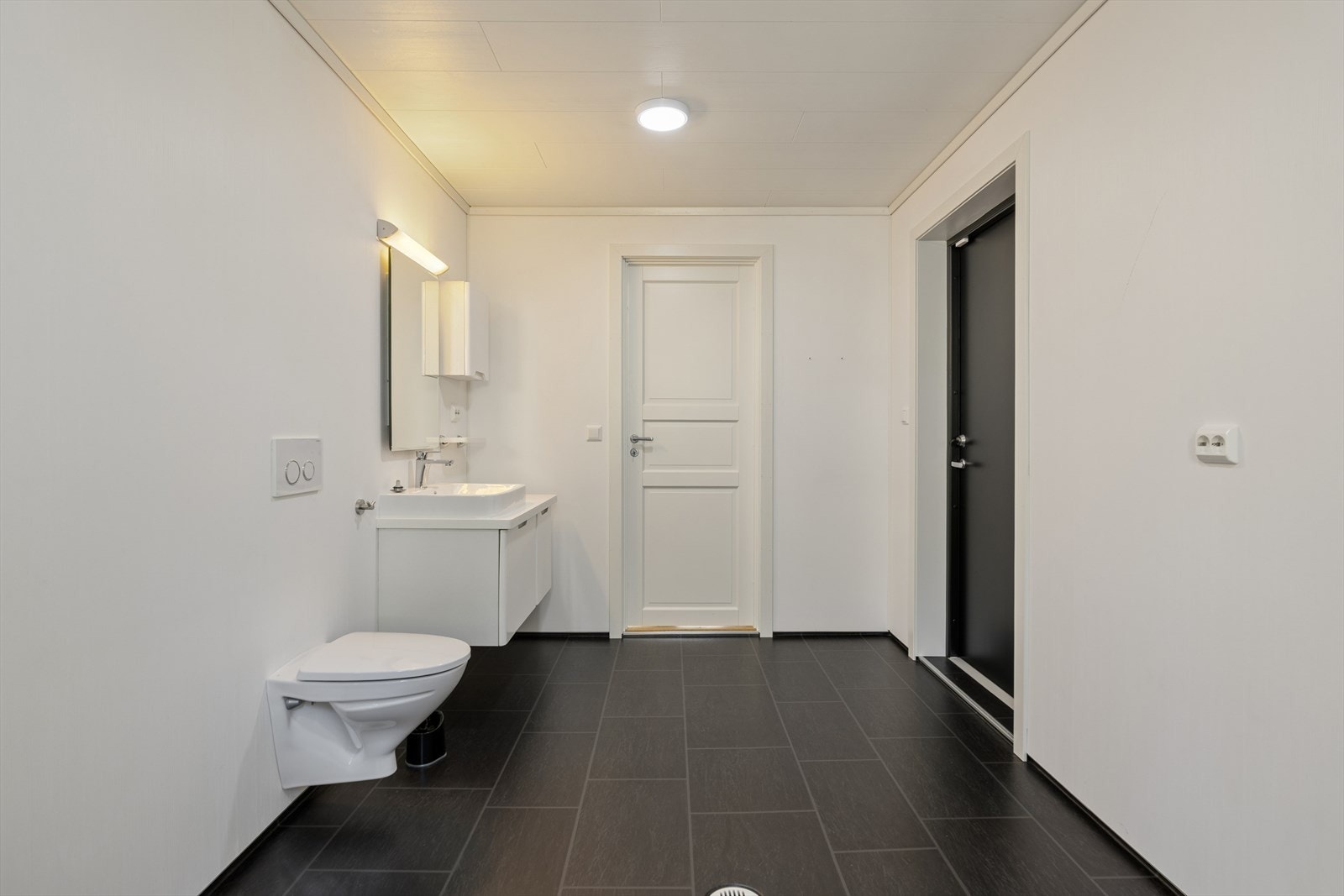 Rommet er utstyrt med vegghengt toalett, servantinnredning og speil med belysning over. Direkte utgang til terrassen. Galleribilde