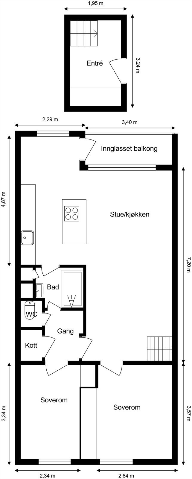Plantegning. I tillegg disponerer leiligheten en kjellerbod på ca. 3 kvm. Galleribilde