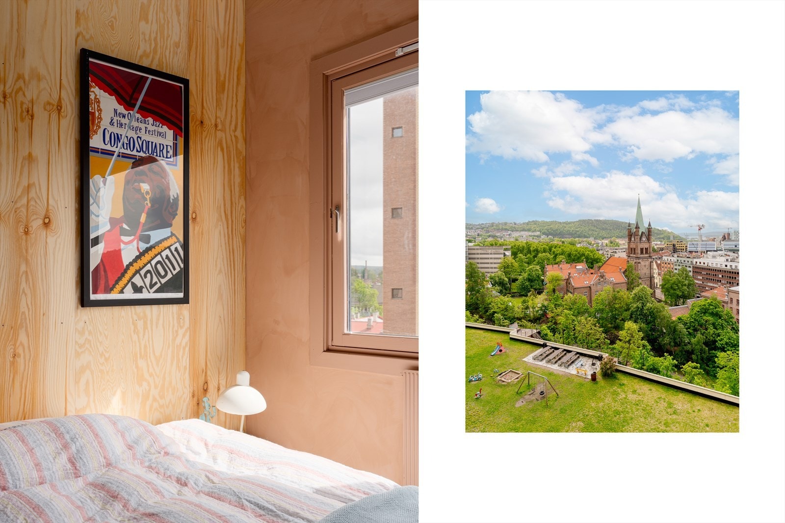 Det er lagt finérplater på den ene veggen som gir rommet et særegent og karakterfult uttrykk. Galleribilde