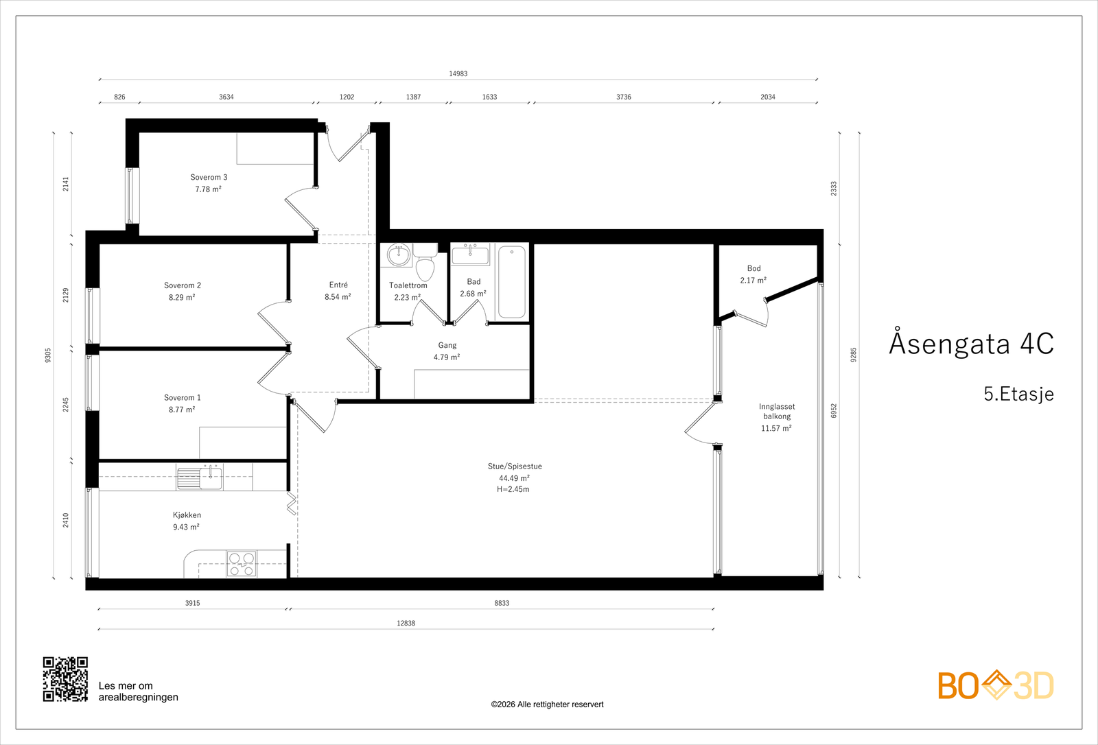 Plantegning. Det er mulig å sette opp en vegg i stuen for et ekstra soverom. Galleribilde