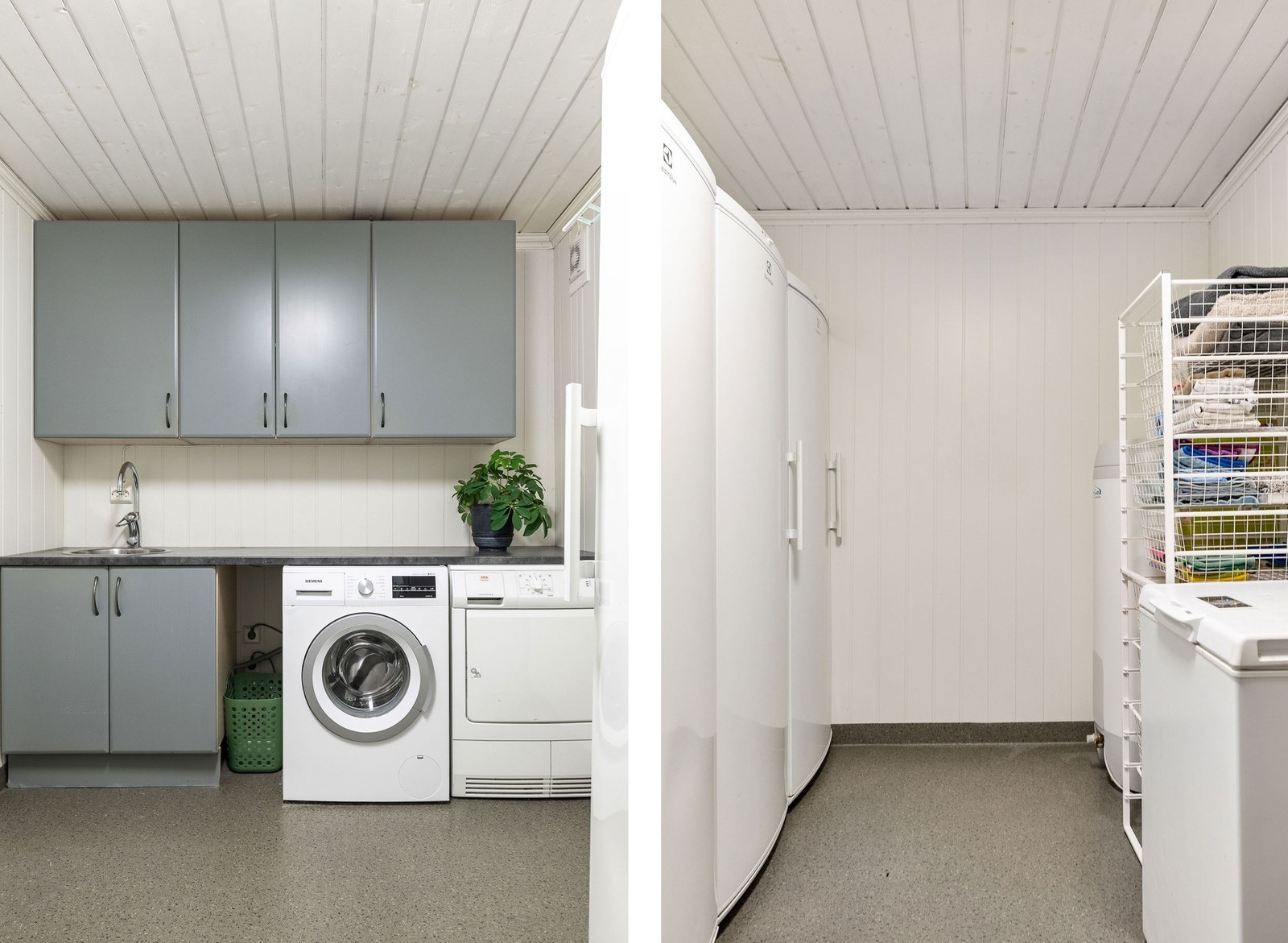 Vaskerom med vaskemaskin, tørketrommel, fryseskap og lagringsplass. Galleribilde