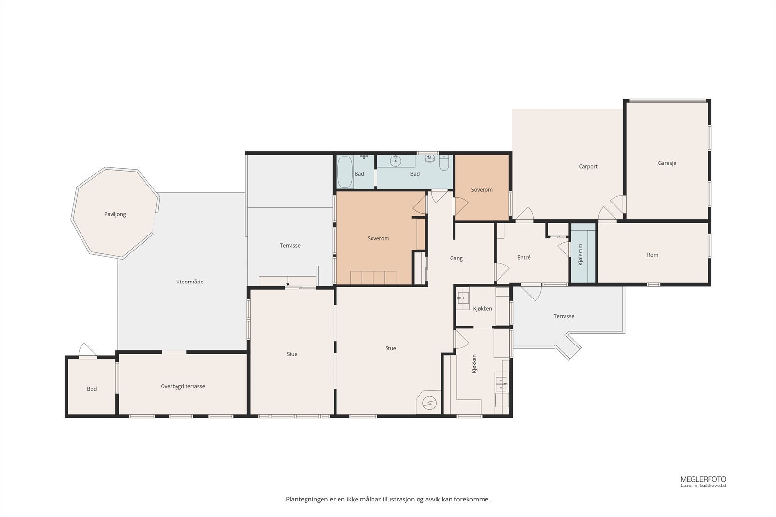 Boligen har en arealeffektiv planløsning på 125 m² BRA-i, alt på ett plan. I tillegg kommer et anneks, garasje og store lagringsarealer i kjelleren. Galleribilde