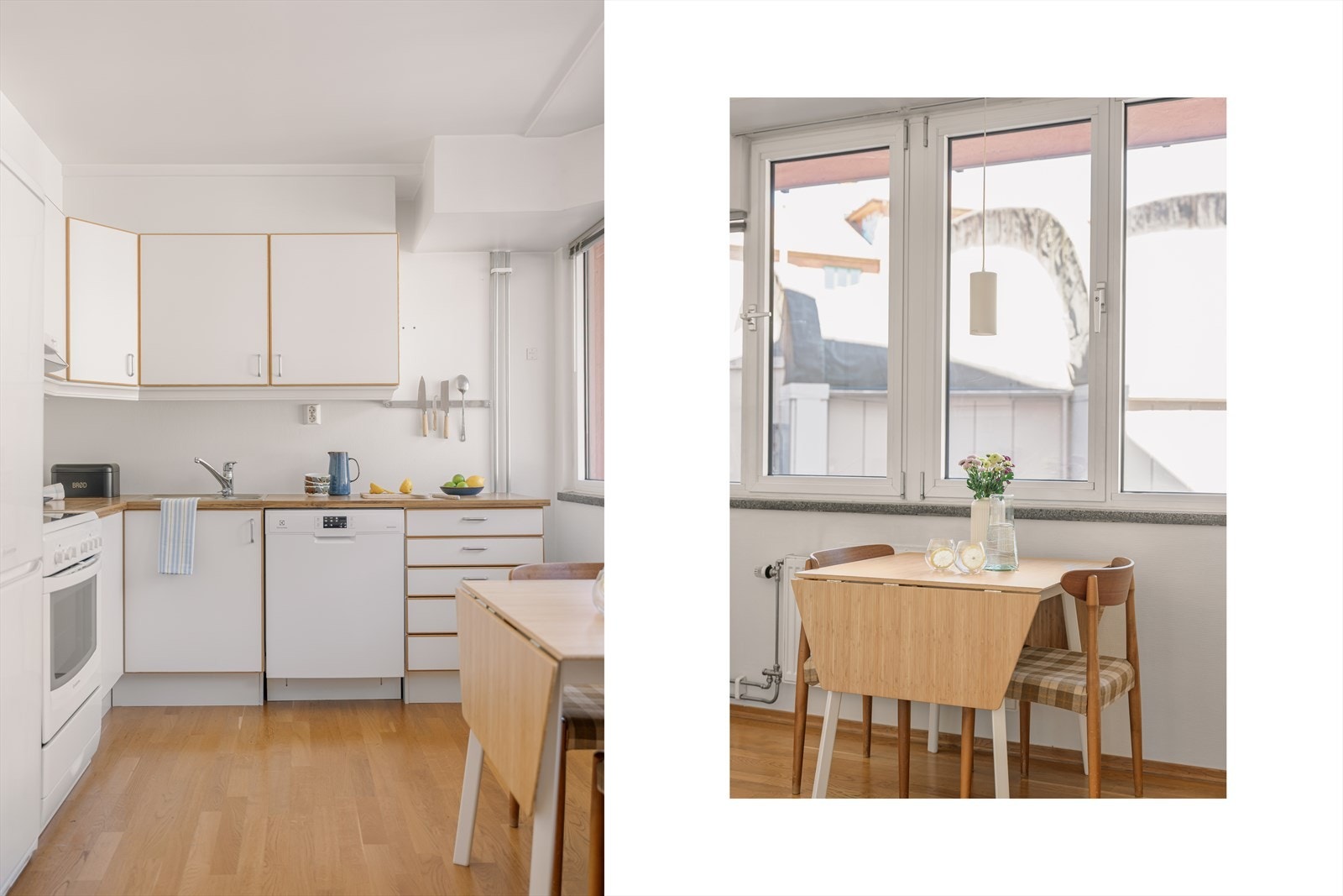 Den åpne løsningen gir en naturlig plass for spisebord ved vinduet. Galleribilde