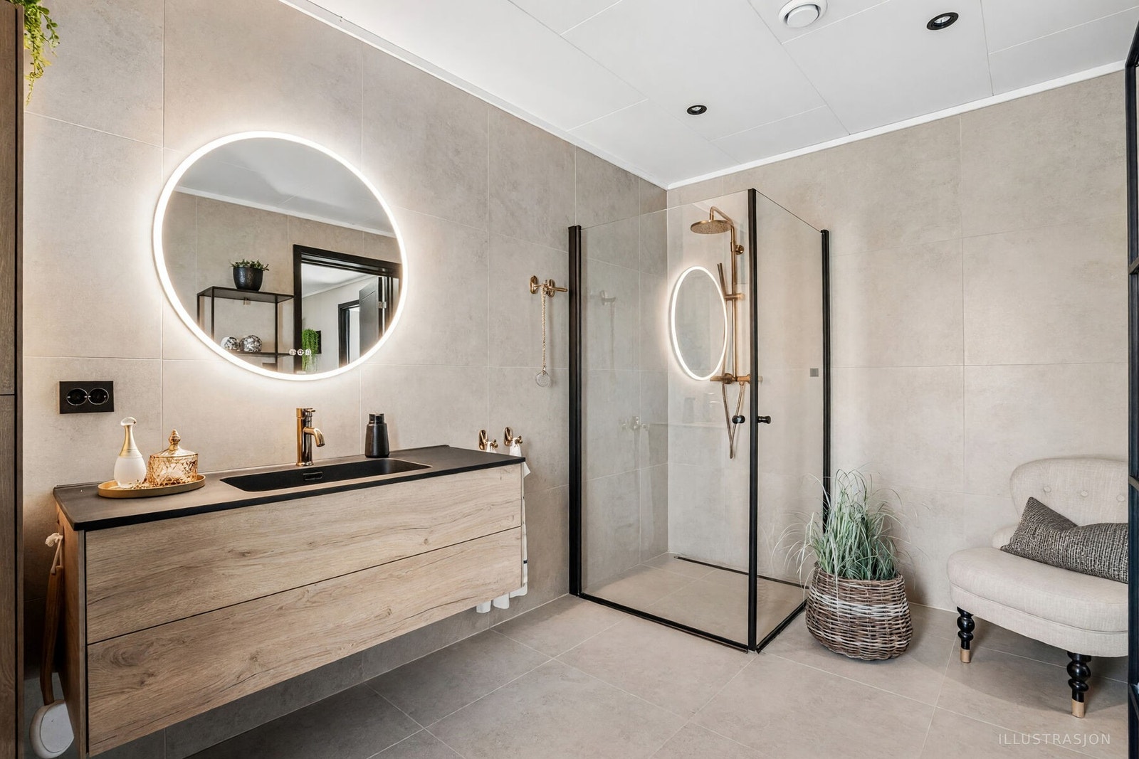 Hovedbadet har store fliser, vegghengt innredning og et speil med integrert belysning. Bildet er redigert med KI. Galleribilde