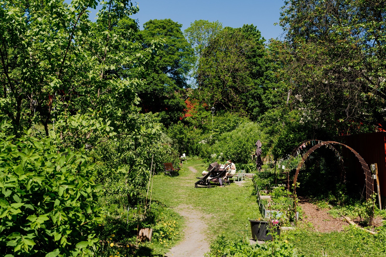 Bakgården er opparbeidet med blant annet sykkelparkering, blomsterkasser, plenarealer og en rekke sitteplasser i hyggelige omgivelser. Galleribilde