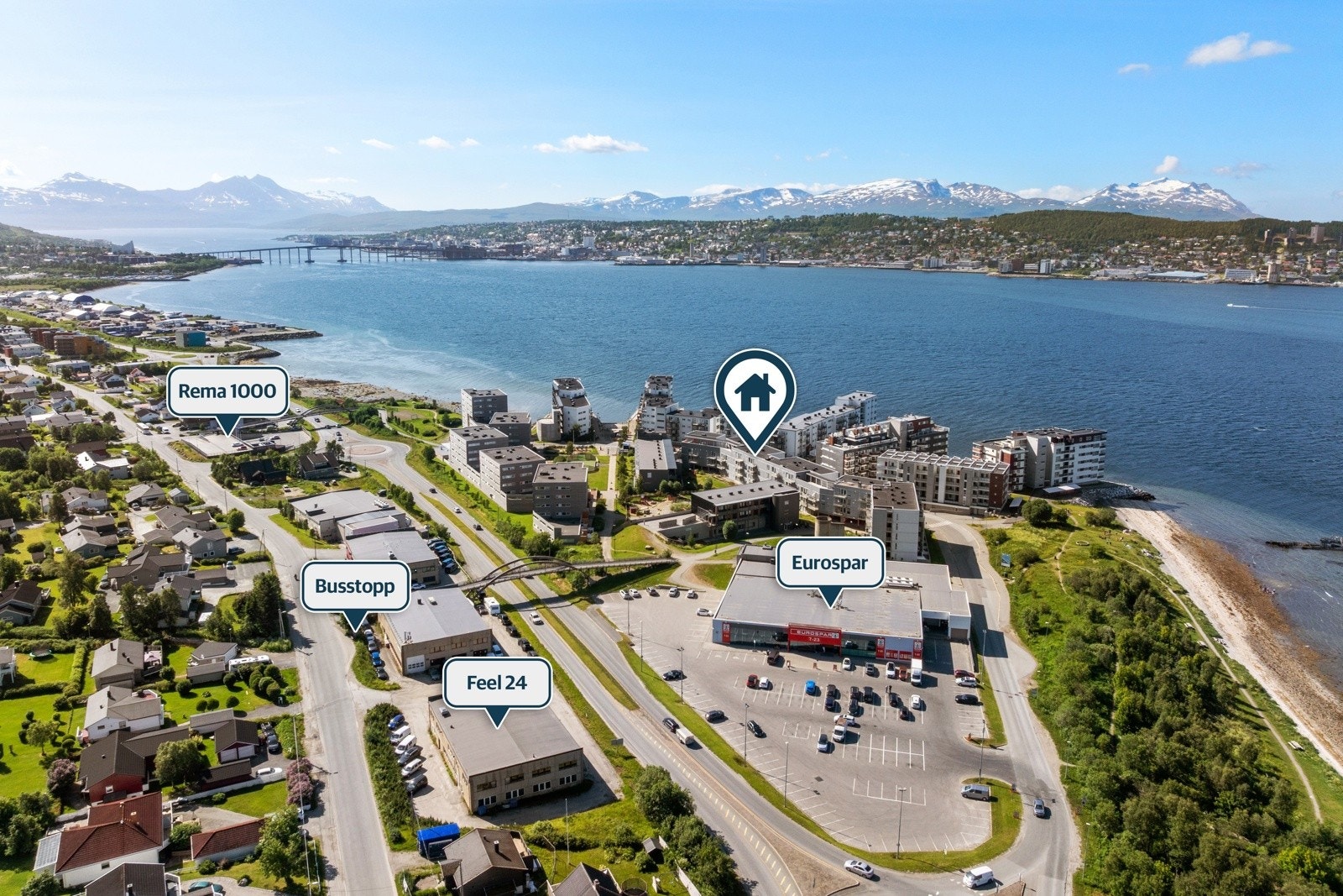 Et populært og tilgjengelig boligområde på fastlandet. Umiddelbar nærhet til dagligvare, rekreasjonsområder og bl.a. direkte bussforbindelser til UiT/UNN. Galleribilde