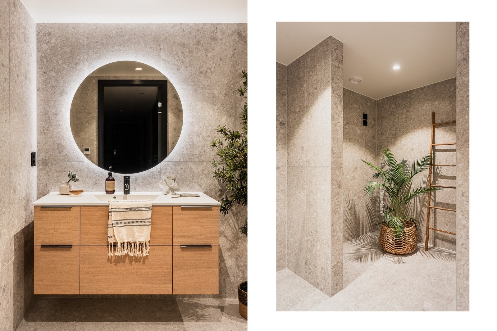 Begge badene er utført i et tidløst design med duse fargetoner kombinert med sorte detaljer, samt integrert belysning som sammen skaper et moderne og eksklusivt uttrykk. Galleribilde