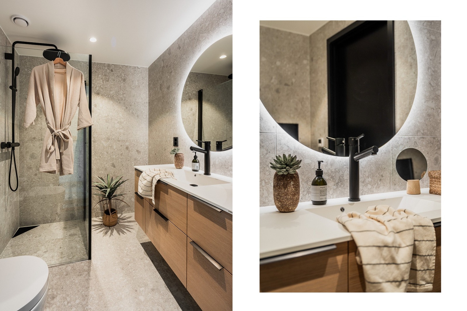 Badet ligger i en-suite-løsning til soverommet og holder tilsvarende høy standard som hovedbadet. Badet har fliser på gulv og vegger, heldekkende servant på servantmøbel med skuffer, samt toalett og en praktisk dusjløsning med svingbare gladdsører. Galleribilde