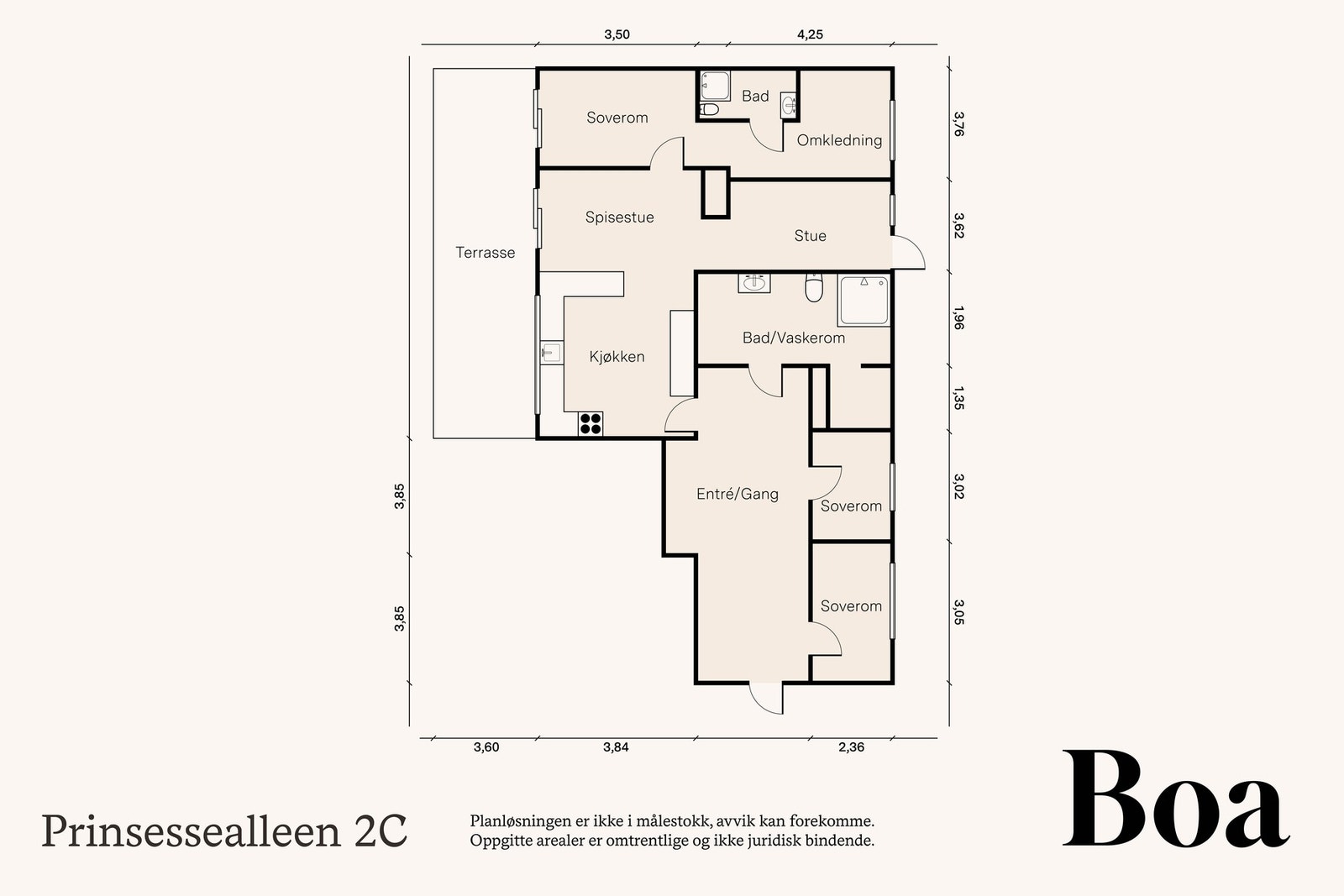 Leiligheten ligger i byggets toppetasje, og inneholder: Entré/gang, kjøkken/stue/spisestue, 2 bad og 3 soverom. Det medfølger 2 kjellerboder, som er ca 5 kvm hver. Galleribilde