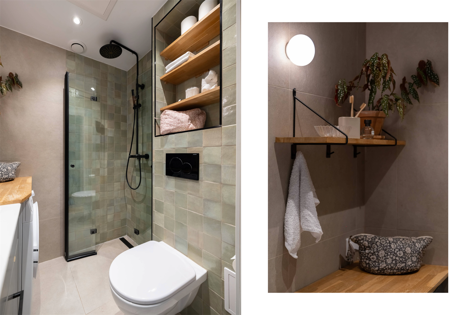 Godt med oppbevaring i hylleplass på badet. Ellers er varmtvann er inkludert i felleskostnadene. Galleribilde