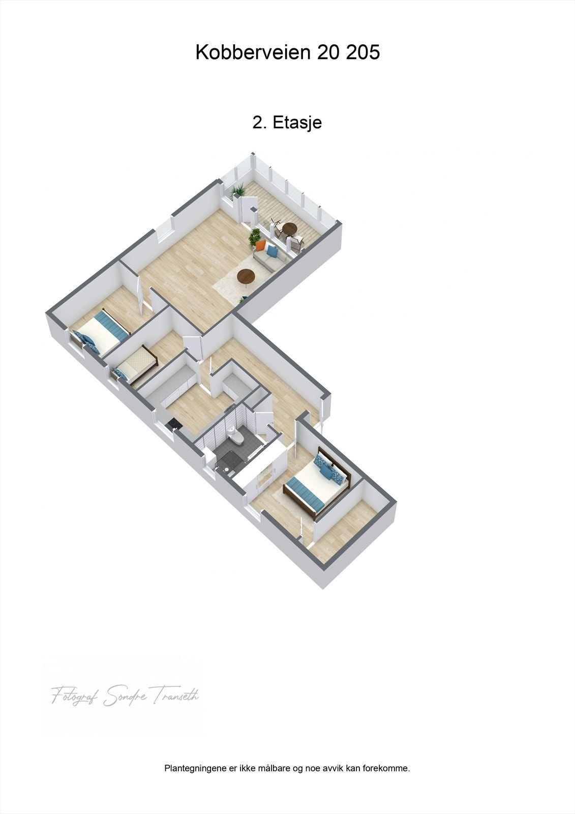 Planløsning 2.etg.: Entre/mellomgang, hovedsoverom med tilkomst til innvendig bod, bad, kjøkken, soverom 2, stue med tilkomst til innglasset balkong, samt soverom 3.
I tillegg medfølger det en ekstern bod i byggets underetg. Galleribilde