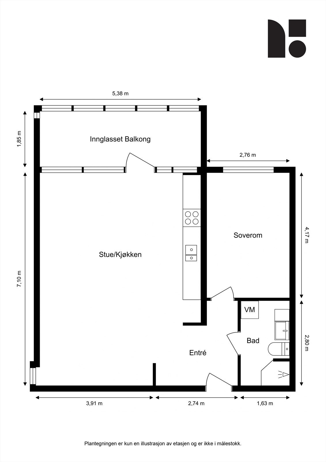 Leilighetens plantegning. Det medfølger i tillegg 1 ekstern bod i samme etasjeplan og 1 kjellerbod. Galleribilde