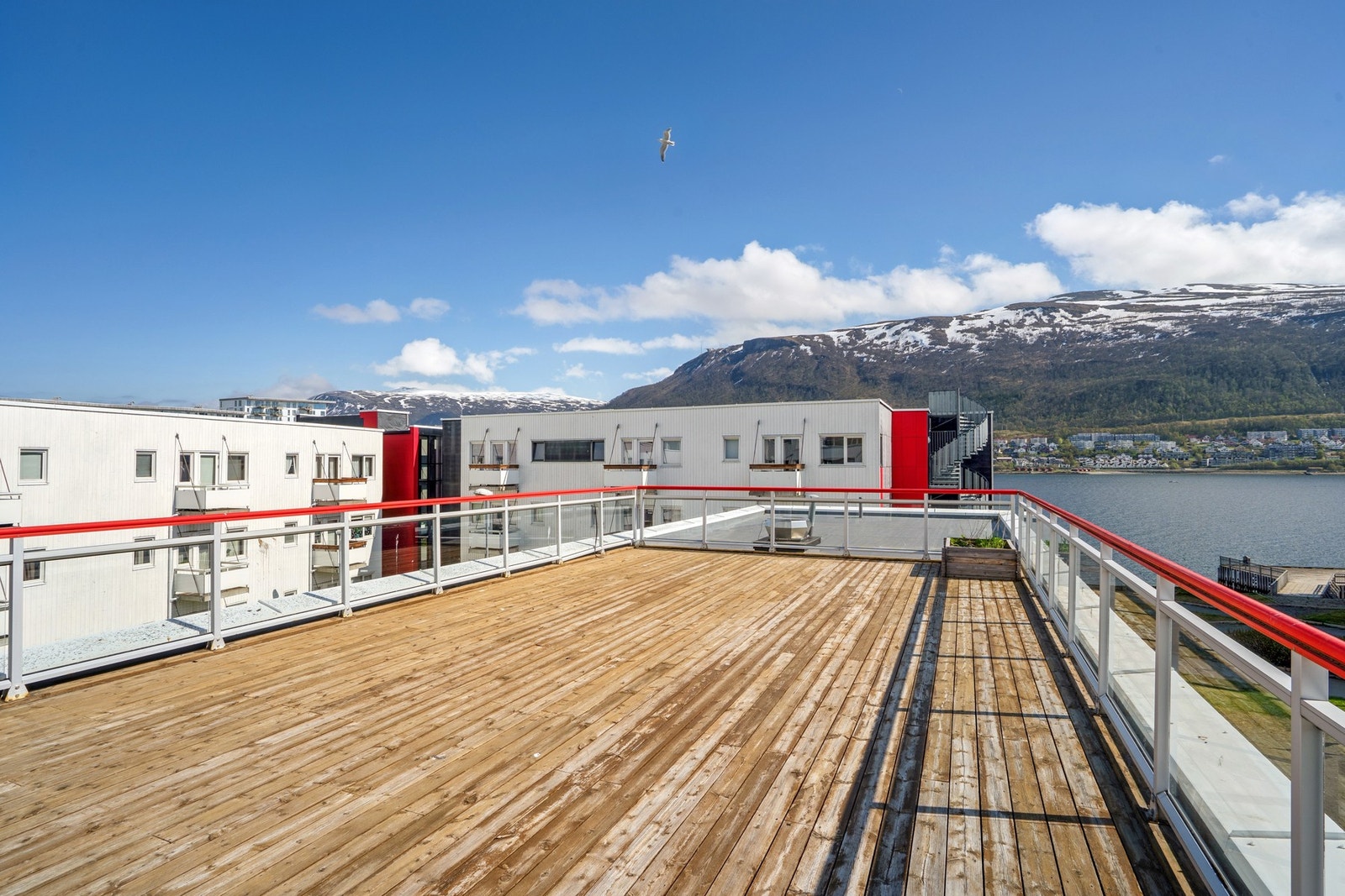 Bygget har en romslig, felles takterrasse med utsikt over sundet og fjellene. Galleribilde