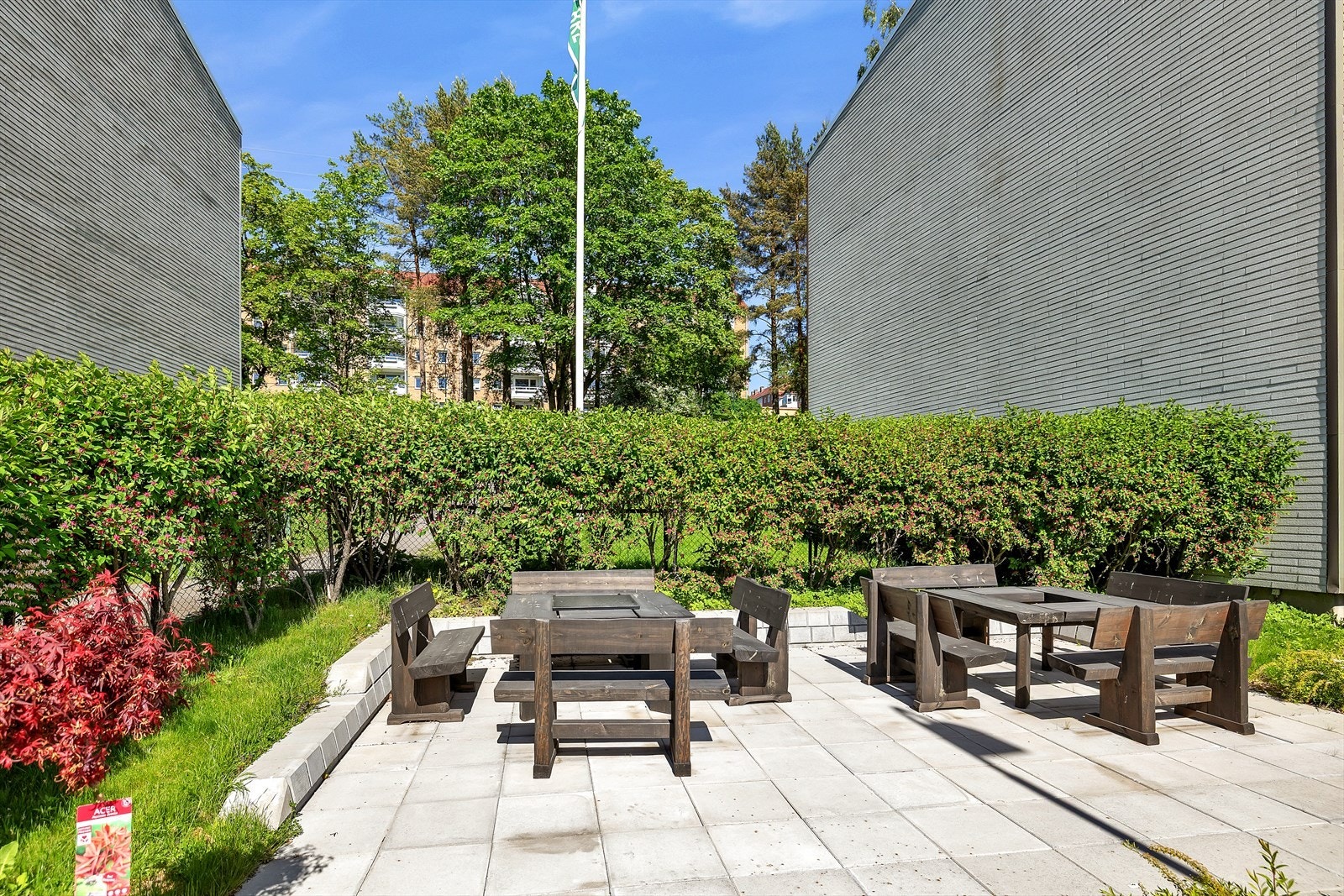 Borettslaget har flotte fellesarealer med beplantning og sittegrupper. Galleribilde