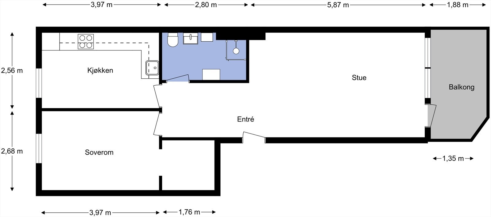 Leiligheten ligger i 3. etasje og inneholder entré, stue, kjøkken, soverom m/ omkledningsrom, bad og balkong. I tillegg disponerer leiligheten en bod i 1. etg og en kjellerbod. Galleribilde