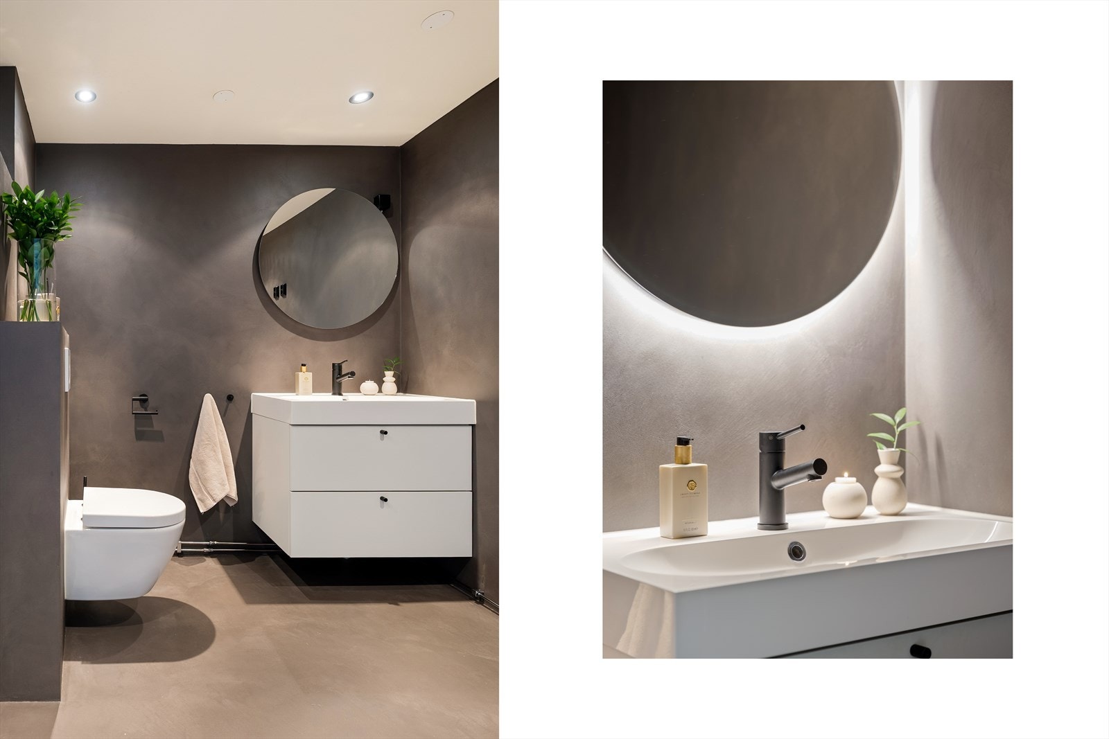 Badet er innredet med moderne servantinnredning, speil med lys og vegghengt klosett. Galleribilde