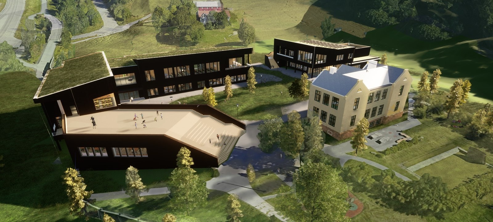 Boligen sokner til Klemetsrud skole som for tiden er under oppgradering. Slik vil skolen se ut når den er ferdigstilt i 2027. illustrasjon MAP Arkitekter. Galleribilde