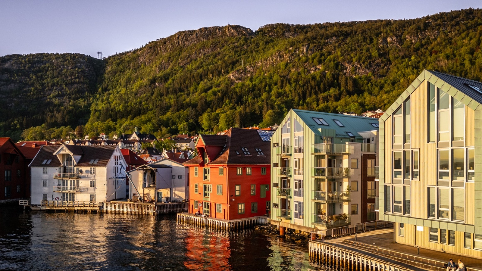 Byggene har saltak og ligger på tvers av kaifronten (som gamle sjøhus). Galleribilde