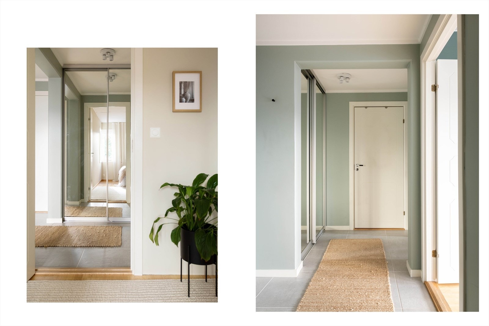 Den romslige gangen er flislagt og har skyvedørsgarderobe med speil Galleribilde