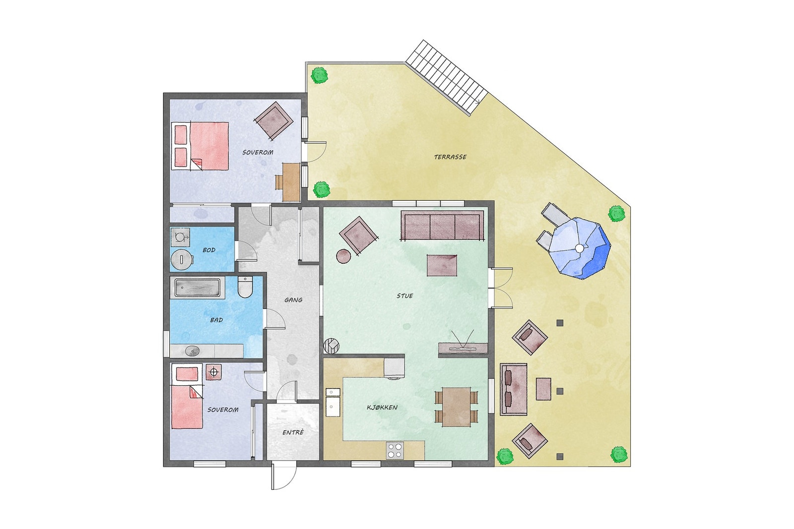 Planskisse som viser den praktiske planløsningen over leilighetens 88 m² Galleribilde