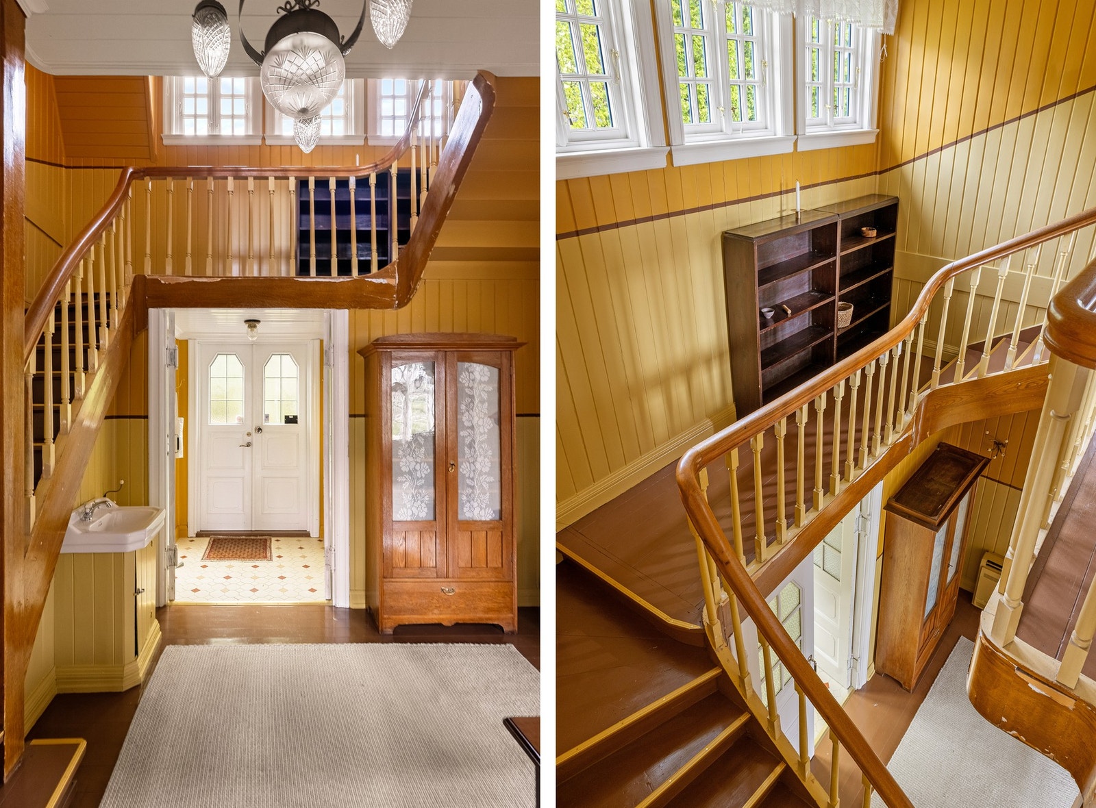 Her møtes man av den originale trappen som leder videre opp gjennom huset og gir et første inntrykk av de gjennomførte kvalitetene som preger eiendommen. Galleribilde
