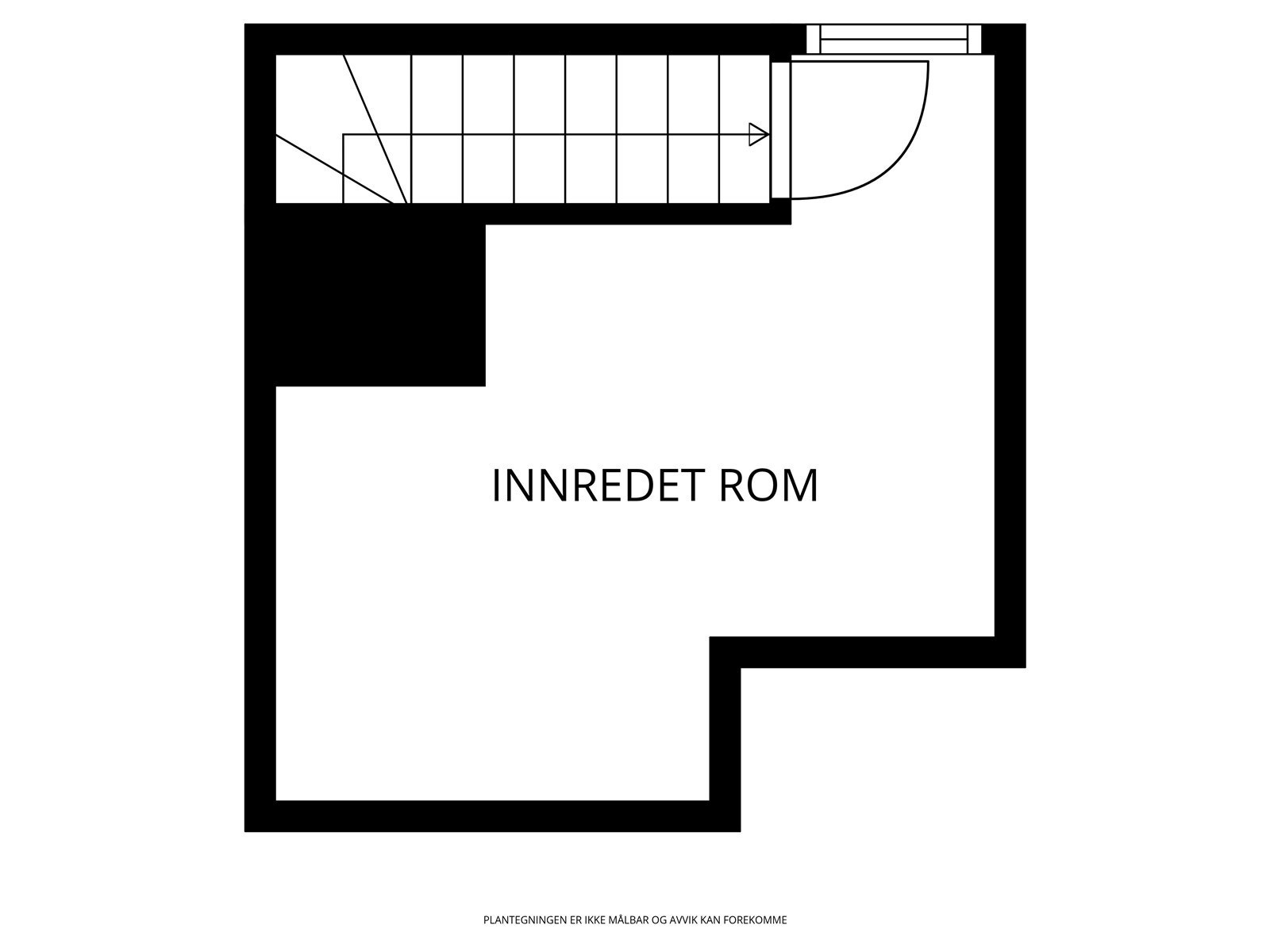 Plantegningen viser et innredet rom på loftet med tilgjengelig trapp. Galleribilde