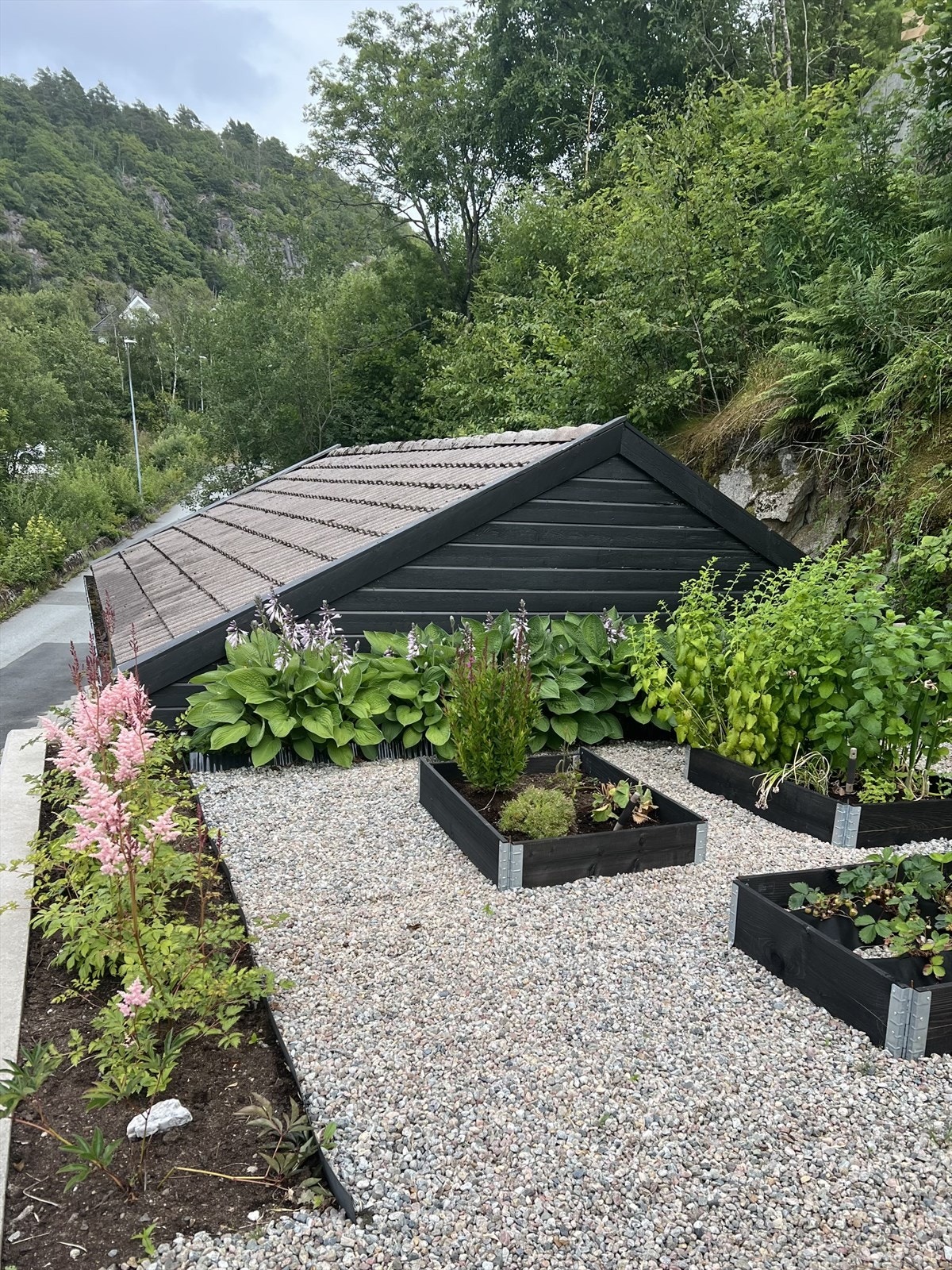 Hagen er anlagt med grusganger og beplantning. Galleribilde
