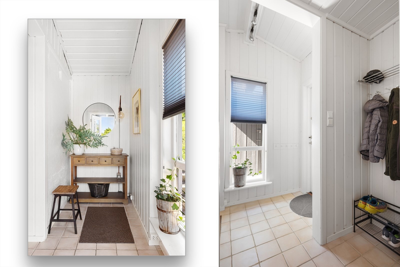 Hyggelig vindfang med generøs takhøyde og vindu gir et lyst og luftig førsteinntrykk. Hallen har nisje med knaggoppheng. Galleribilde