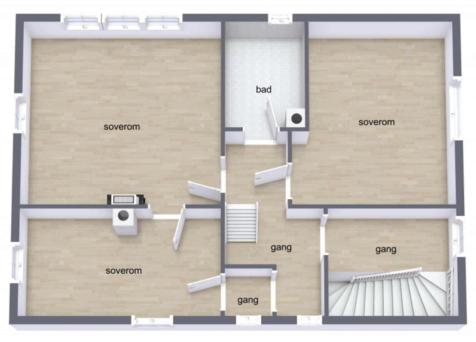 2.etg. byr på trapperom, 2 ganger, 3 soverom og bad. Galleribilde