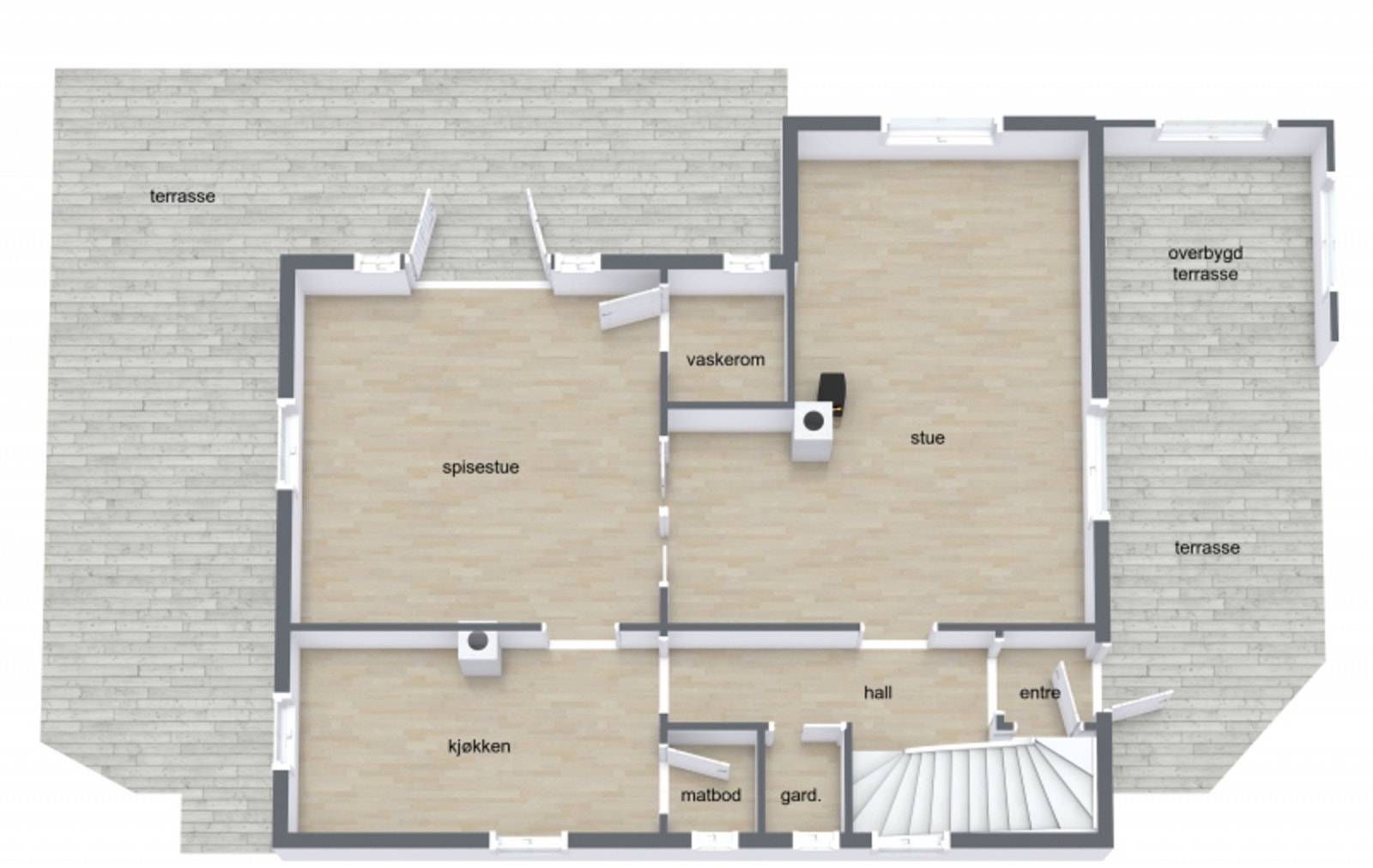 1.etg. byr på: Entré, trapperom, gang, stue, spisestue, kjøkken og 2 boder. Galleribilde