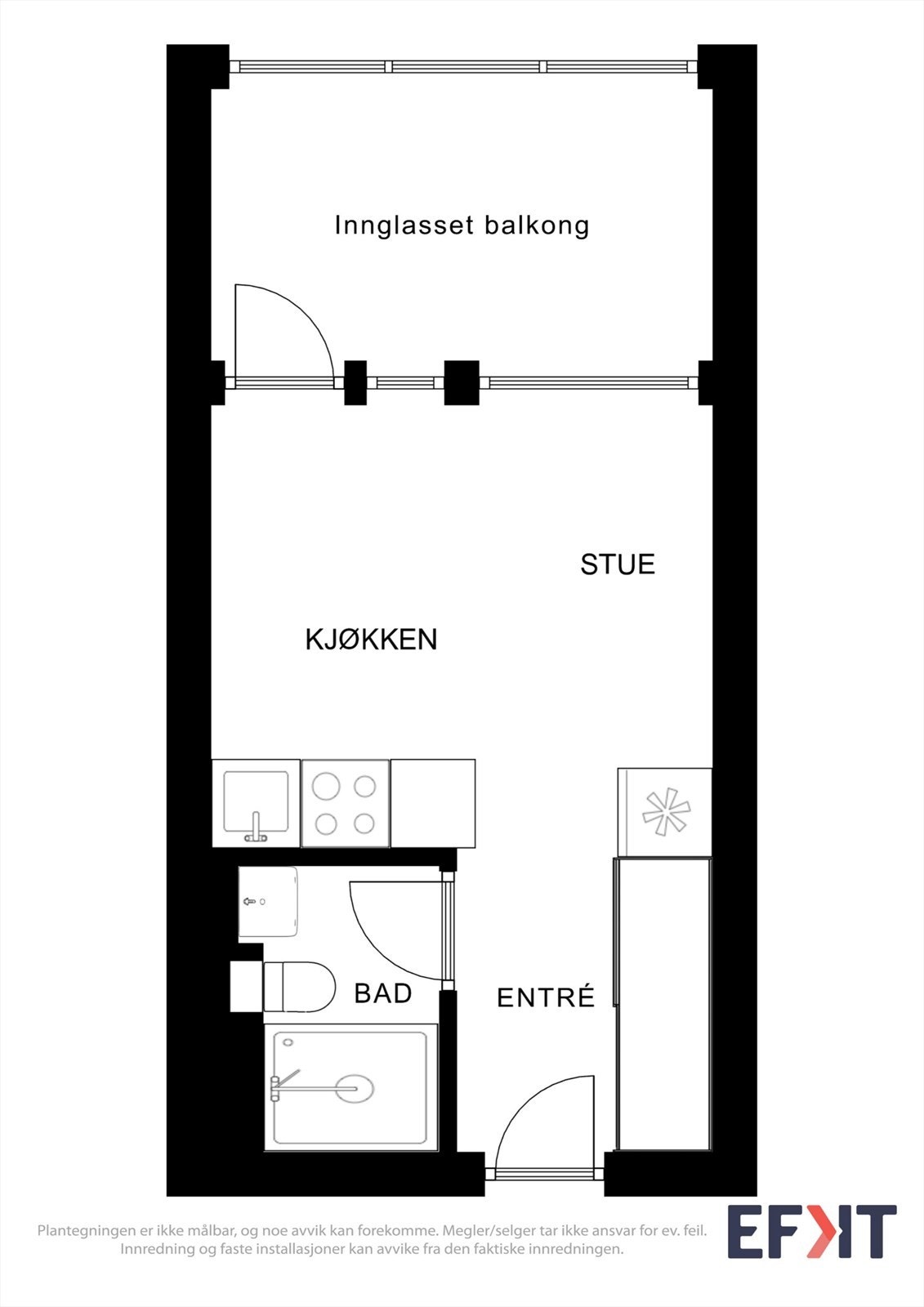 Leiligheten har en arealeffektiv planløsning med entré, bad og et åpent stue- og kjøkkenområde. Galleribilde