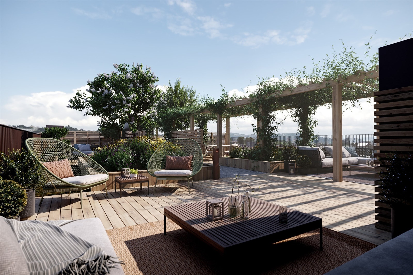 Illustrasjon | Felles takterrasse med flotte solforhold til glede for beboerne. Avvik kan forekomme. Galleribilde