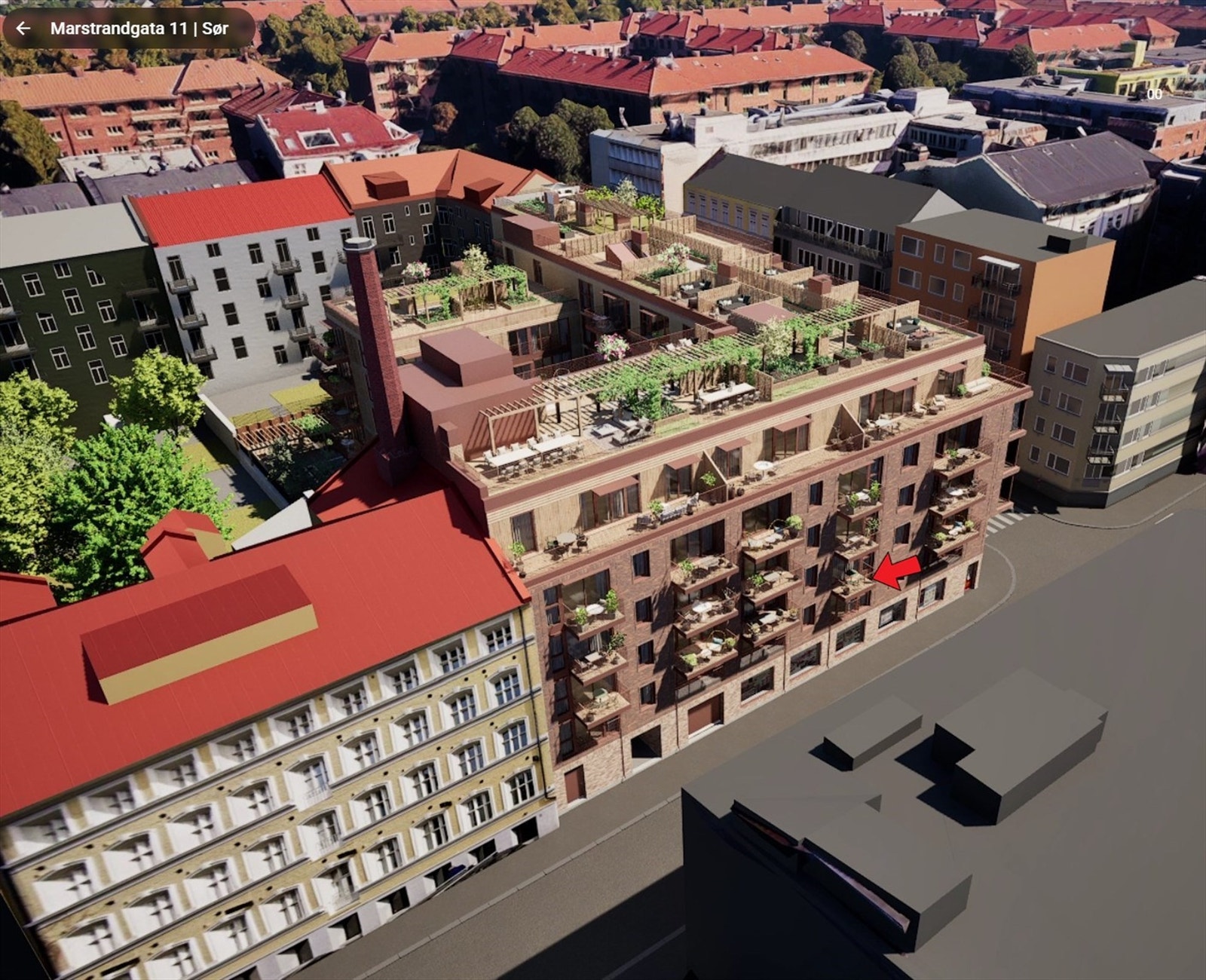 Illustrasjon | Markering av leilighetens beliggenhet. Leiligheten har sørvestvendt balkong på ca. 2,6 m² med svært gode solforhold. Avvik kan forekomme. Galleribilde