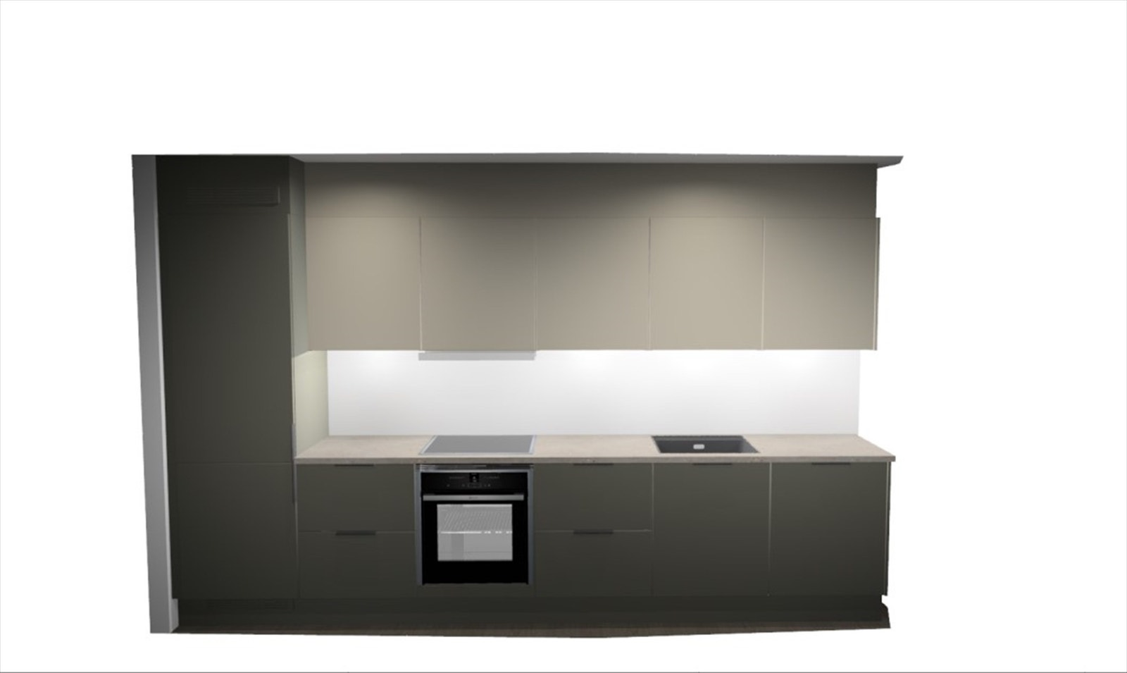 Illustrasjon kjøkkentegning fra HTH i denne leiligheten | Stilrent kjøkken i modellen ZP Focus i mosegrønn/beige. Det leveres integrerte hvitevarer fra Electrolux. Avvik kan forekomme. Galleribilde