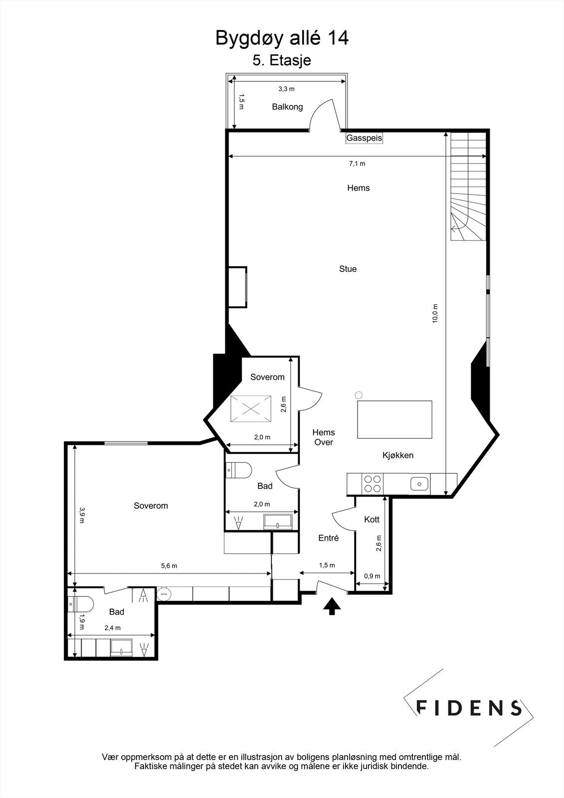 Leiligheten har en arealeffektiv planløsning på 95 m² BRA-i, som inkluderer to soverom, to bad og en åpen sosial sone. To hemser gir ytterligere 15 m² gulvflate. Galleribilde