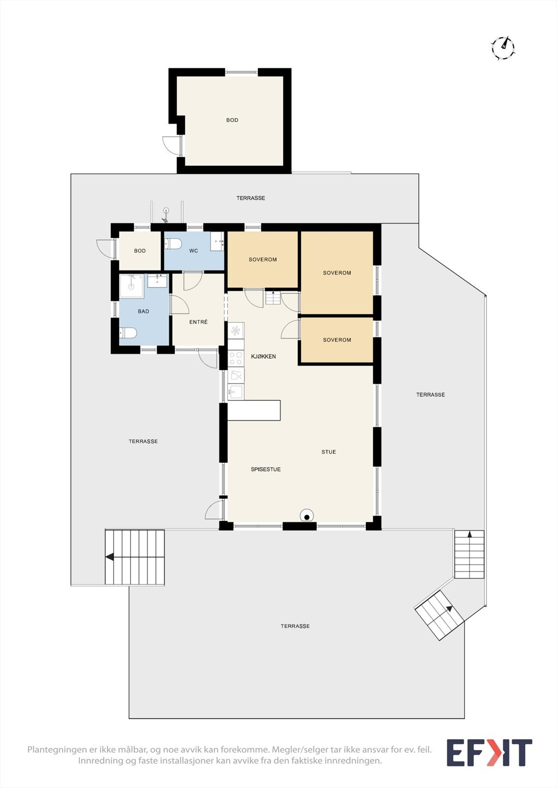 Hytta har en arealeffektiv planløsning på ett plan, med tre soverom, hems og en åpen sone for stue og kjøkken. Galleribilde