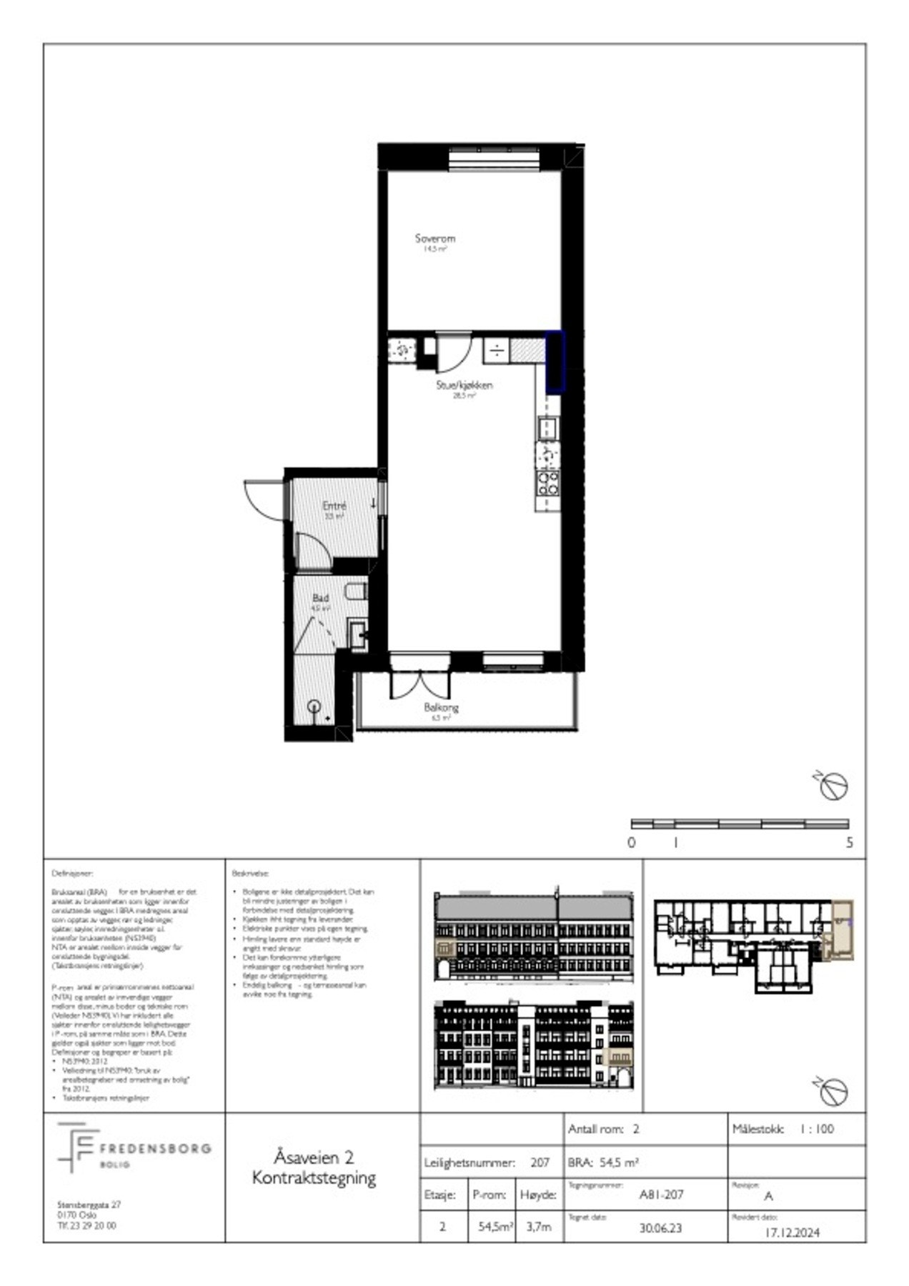 Kontraktstegning av leilighet 207: Gjennomgående 2-roms med sydvendt balkong.
Boligen diponerer også ekstern bod. Galleribilde
