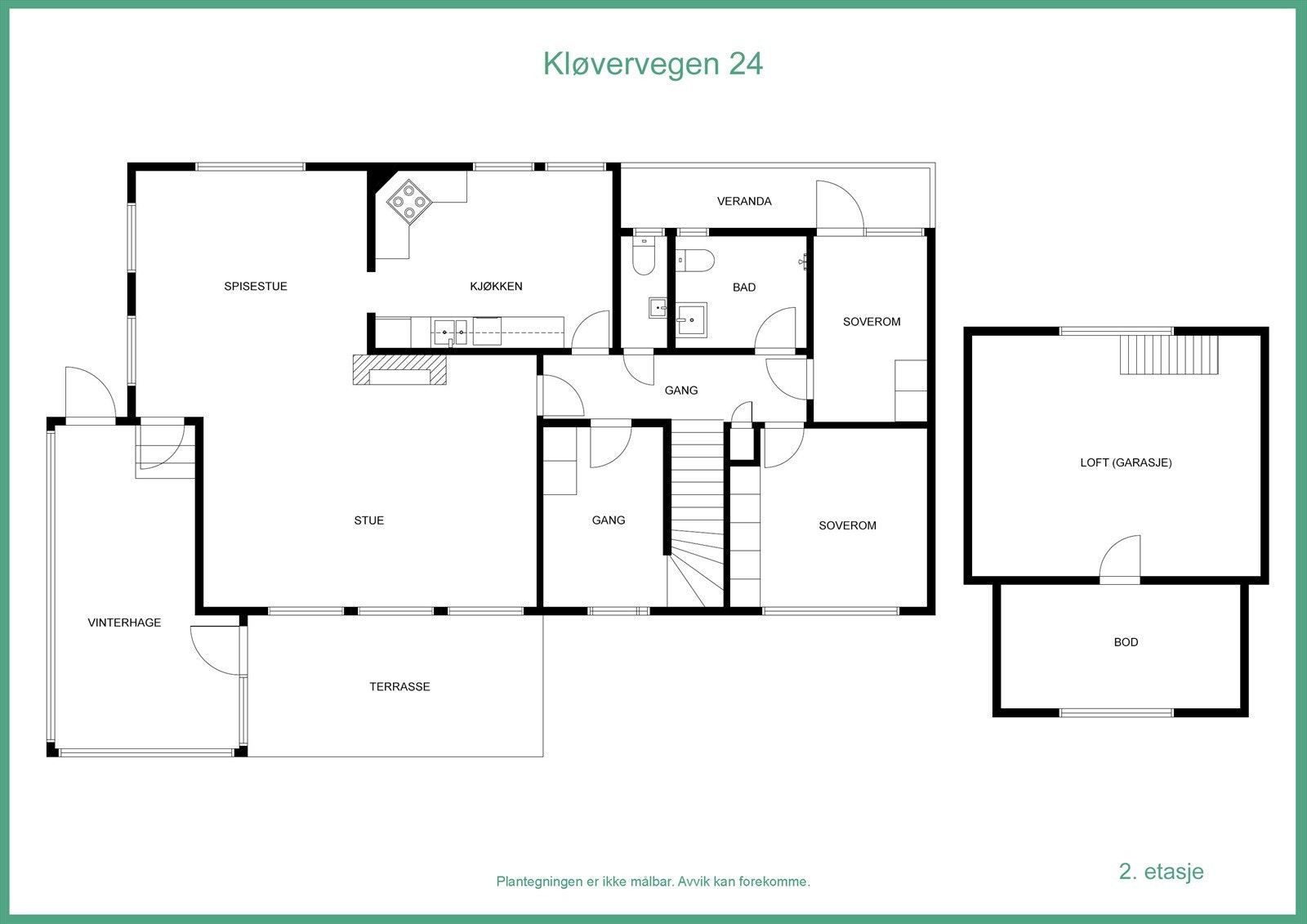 Plantegning (Det er gjort noe justeringer fra opprinnelige tegninger, rom markert som gang ved trapp er opprinnelig godkjent som soverom) Galleribilde