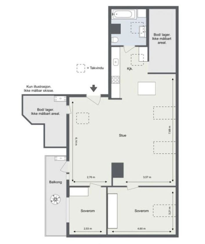 Plantegning - Masse lagring i to interne boder med adkomst fra leilighet, samt solide plassbygde skap i eik Galleribilde