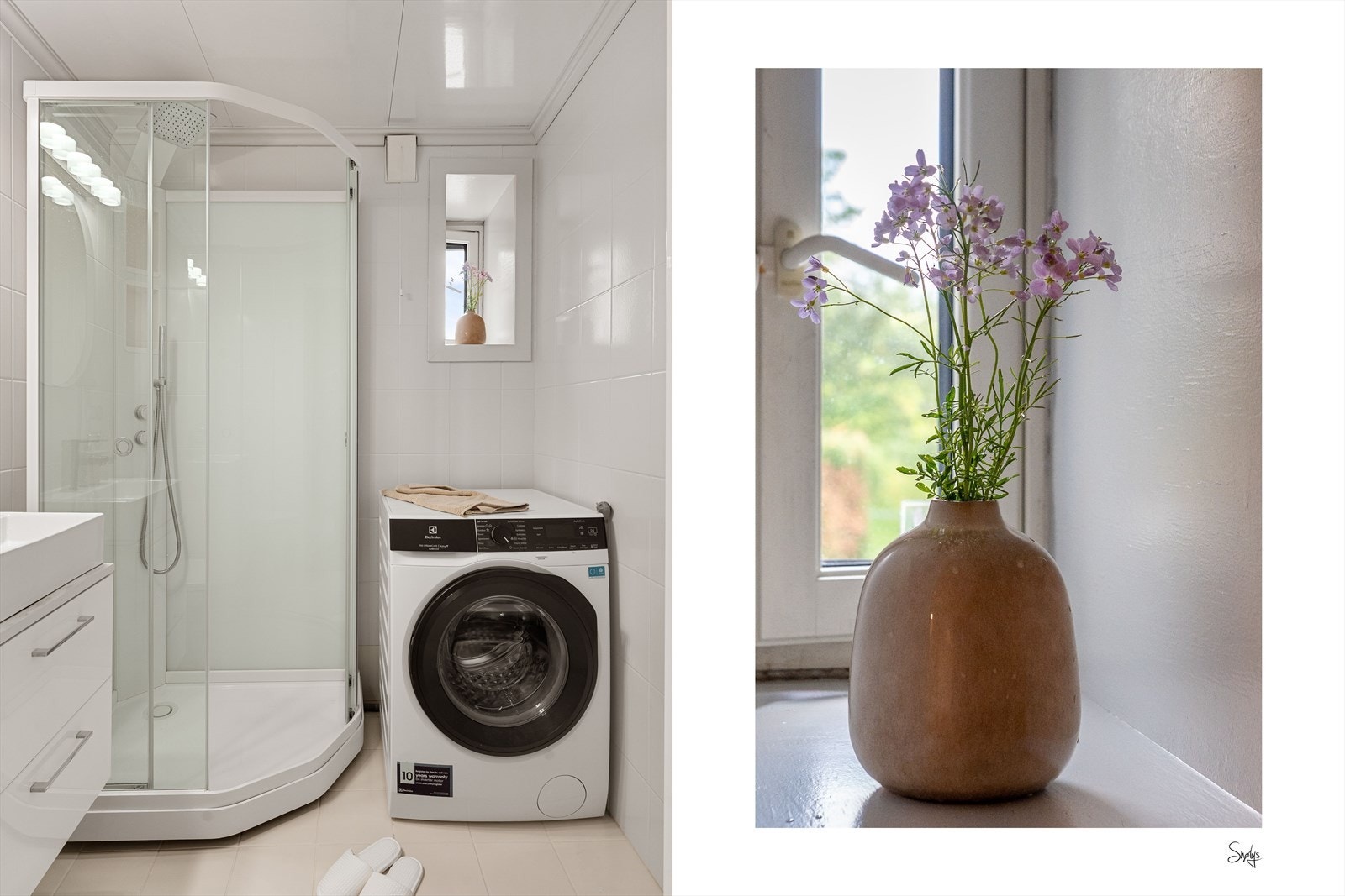 Badet er på 3,1 kvm består av malte keramiske fliser på gulv og vegger, med baderomsplater i himling, samt varmekabler i gulvet. Galleribilde