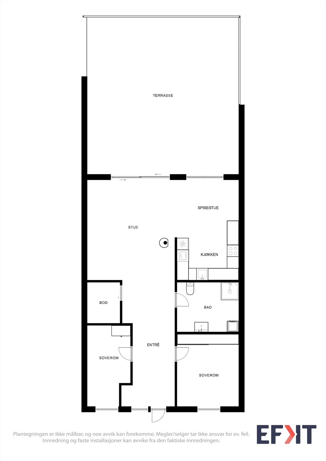 Leiligheten har en arealeffektiv planløsning på ett plan, med to soverom, bod og en åpen sone for stue og kjøkken. Galleribilde