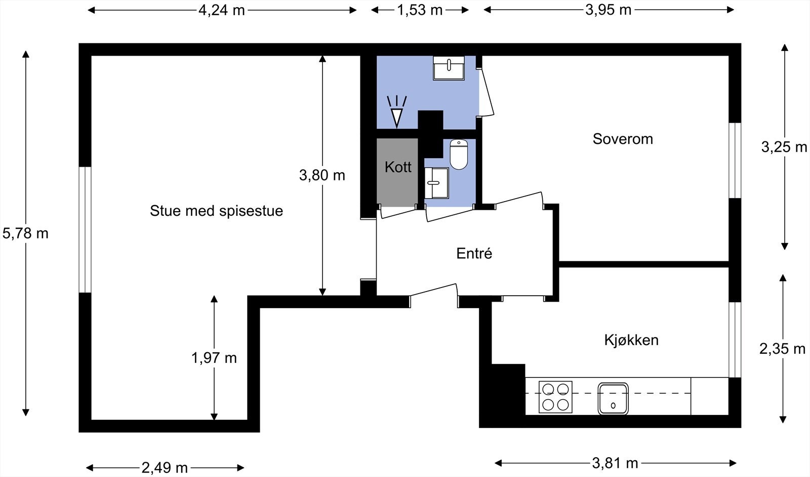 Leiligheten ligger i 4. etasje og inneholder entré, stue, kjøkken, soverom, bad, wc og kott. I tillegg disponerer leiligheten en kjellerbod. Galleribilde