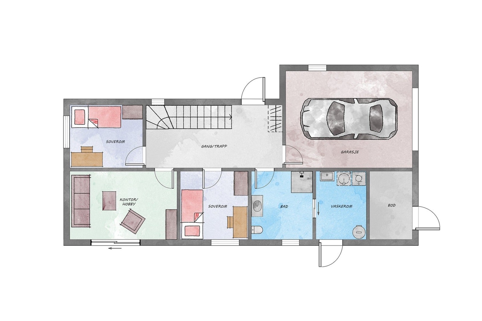 Husets 1. etasje har et areal på 87 m² inkl. innebygget garasje på 21 m² og ekstern bod på 5 m² Galleribilde