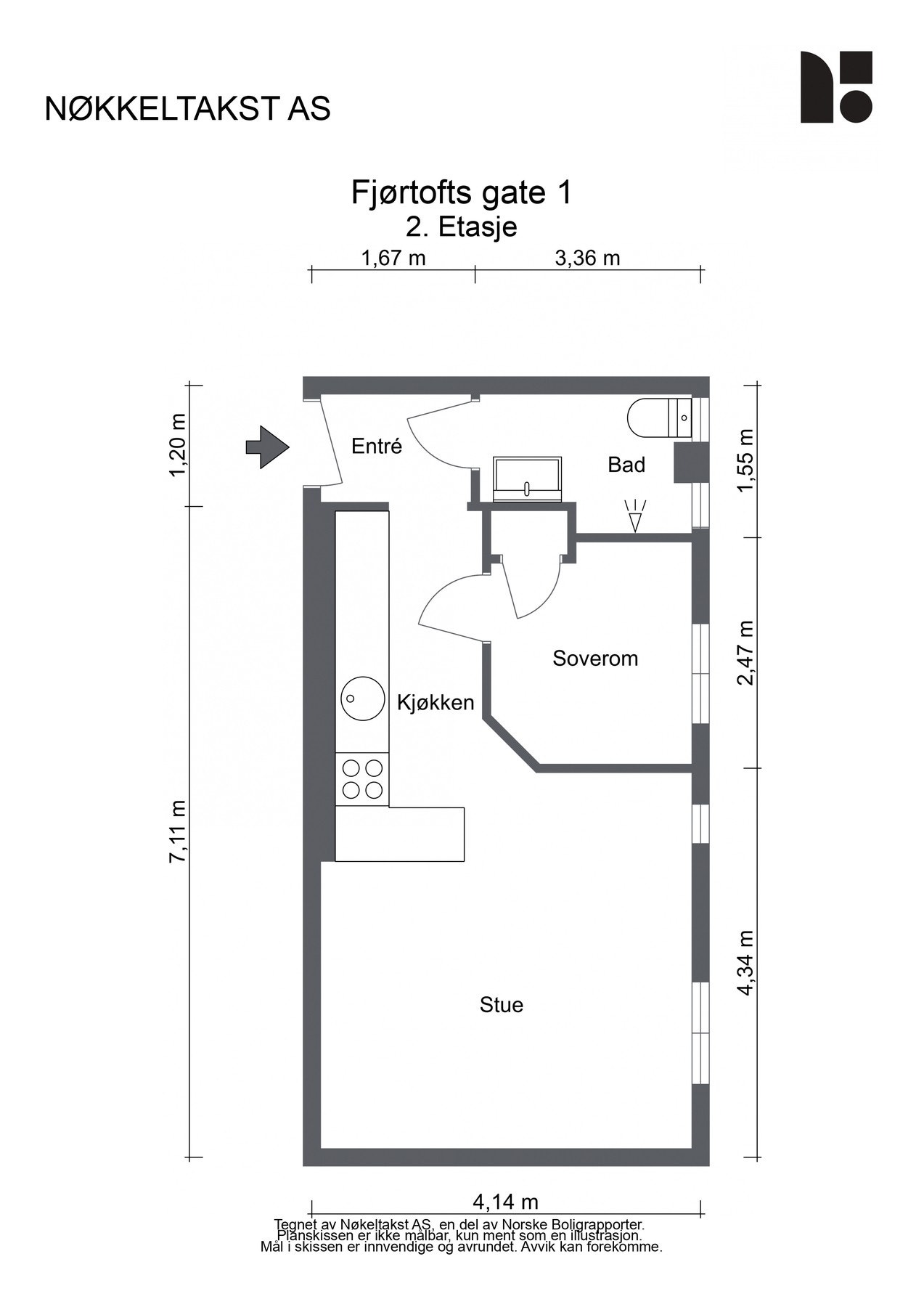 Planskisse 2. etg (BRA-i: 35 kvm) bestående av entré med plass til yttertøy, sosial, åpen kjøkken- og stueløsning, soverom med oppbevaring og bad med dusjnisje. Galleribilde