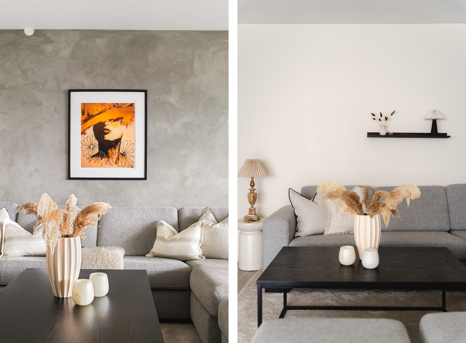 Gipsveggene og listefritt tak gir leiligheten et moderne preg, og den originale betongveggen er pusset og malt gir rommet et stilig blikkfang. Galleribilde