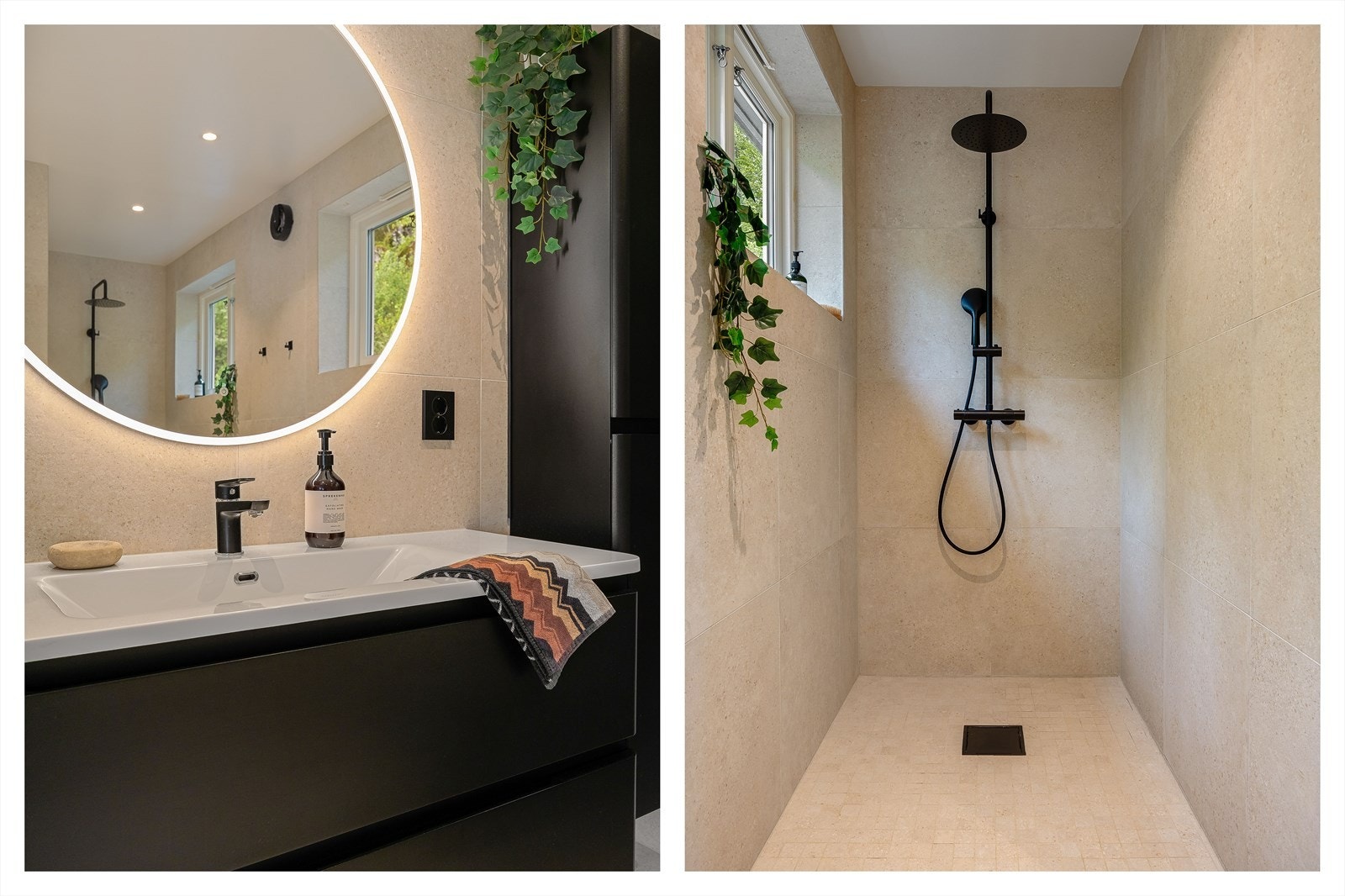 Detaljer fra badet, som speil med integrert belysning og dusj med hånddusj. Galleribilde