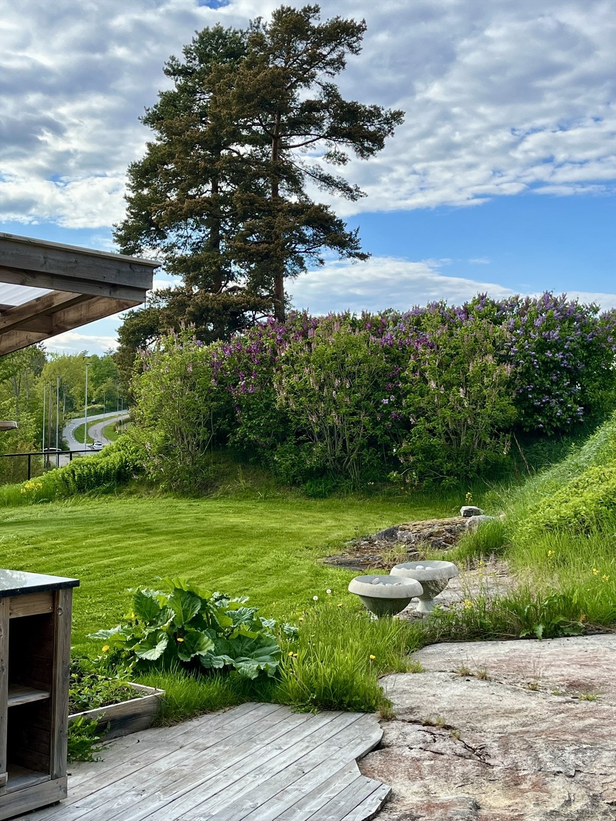 De blomstrende syrinbuskene skaper en frodig og innbydende ramme rundt uteområdet. Galleribilde