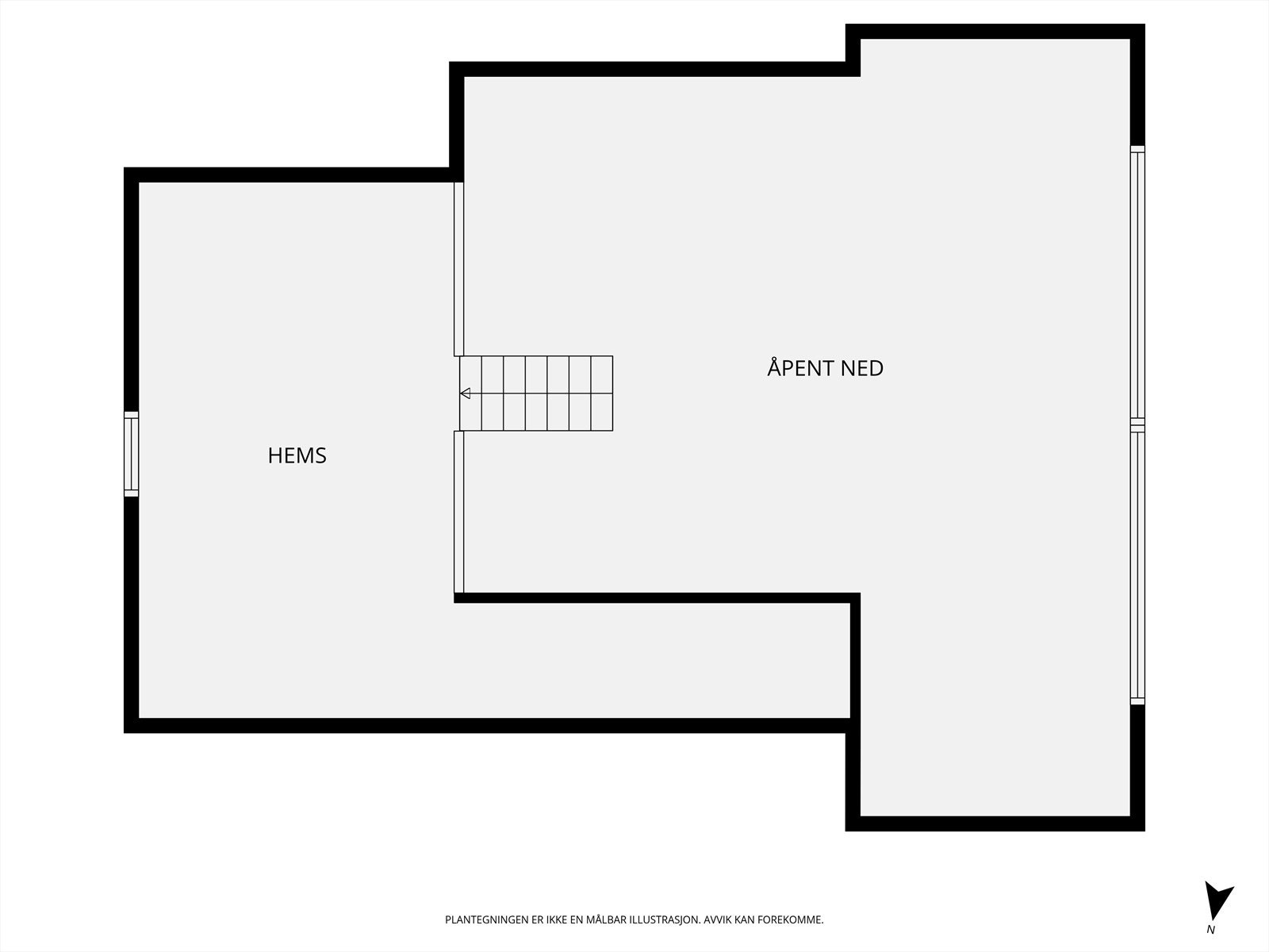 Hemsen har et gulvareal på ca. 25 m². Takhøyden er ikke måleverdig for varig opphold. Galleribilde
