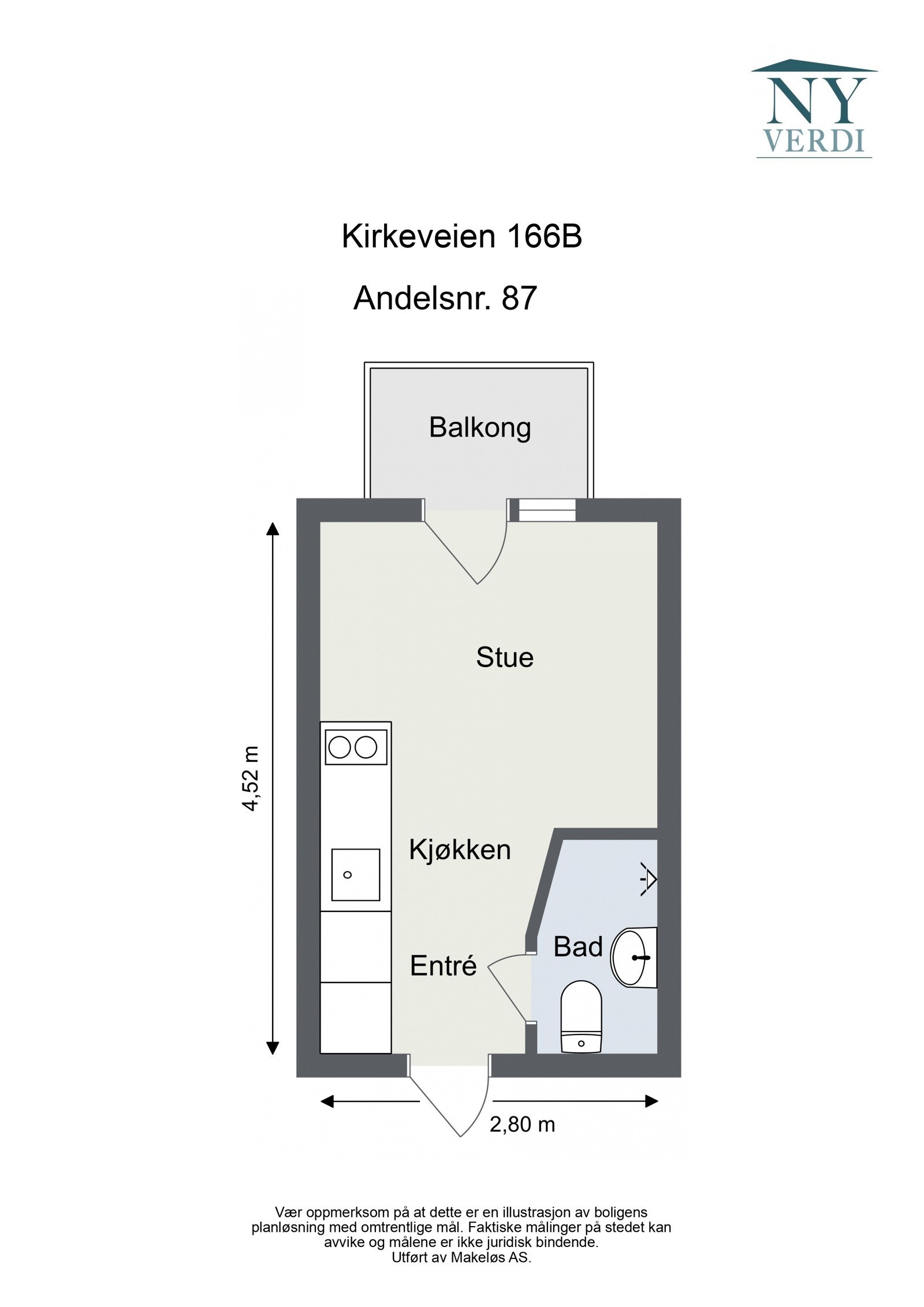 Plantegning 8. etasje med heis. I tillegg disponerer leiligheten en kjellerbod på ca. 1,8m² Galleribilde