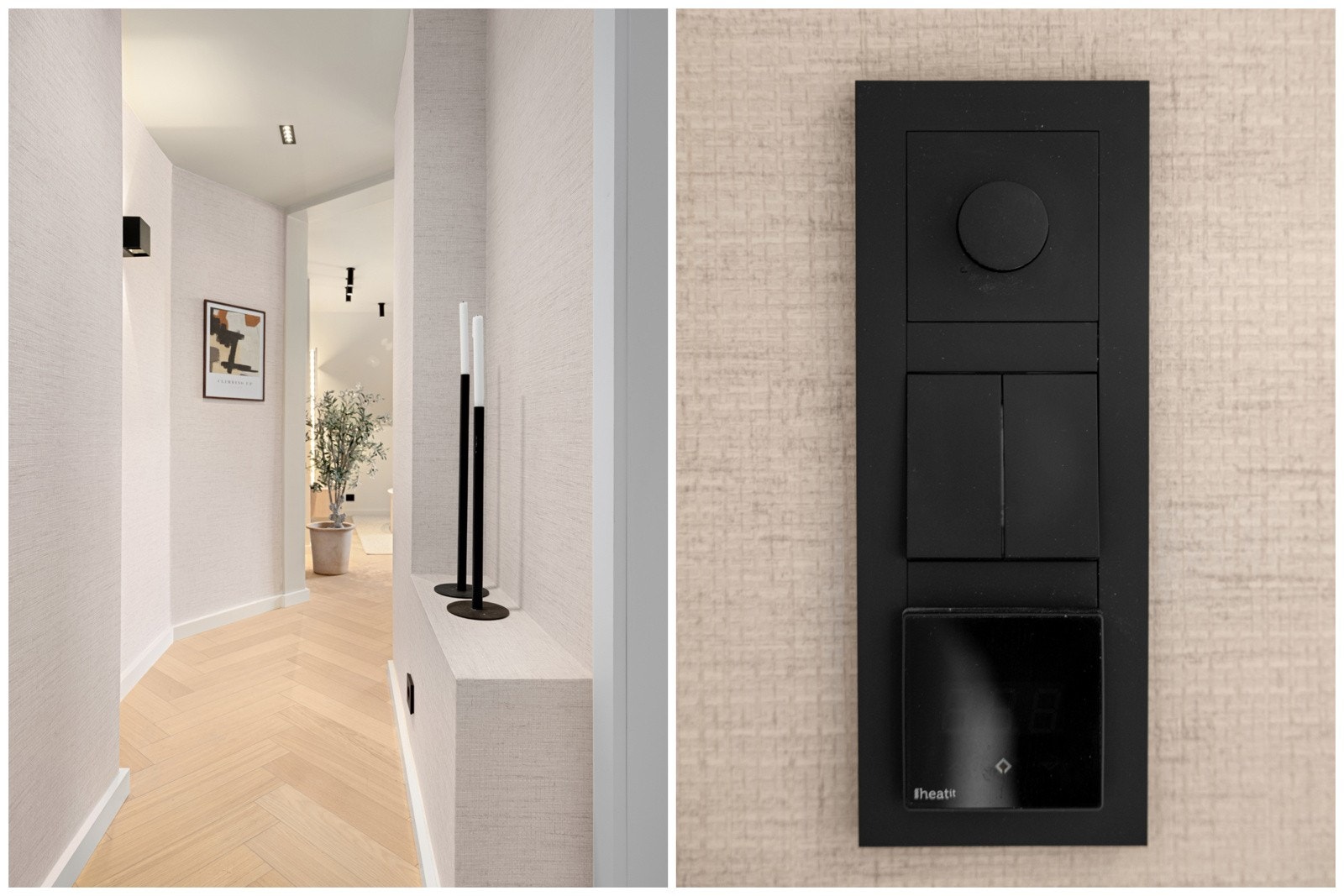 De lekre detaljene på eksempelvis brytere, lys og struktur i veggtapeten er gjennomgående for hele leiligheten. Galleribilde